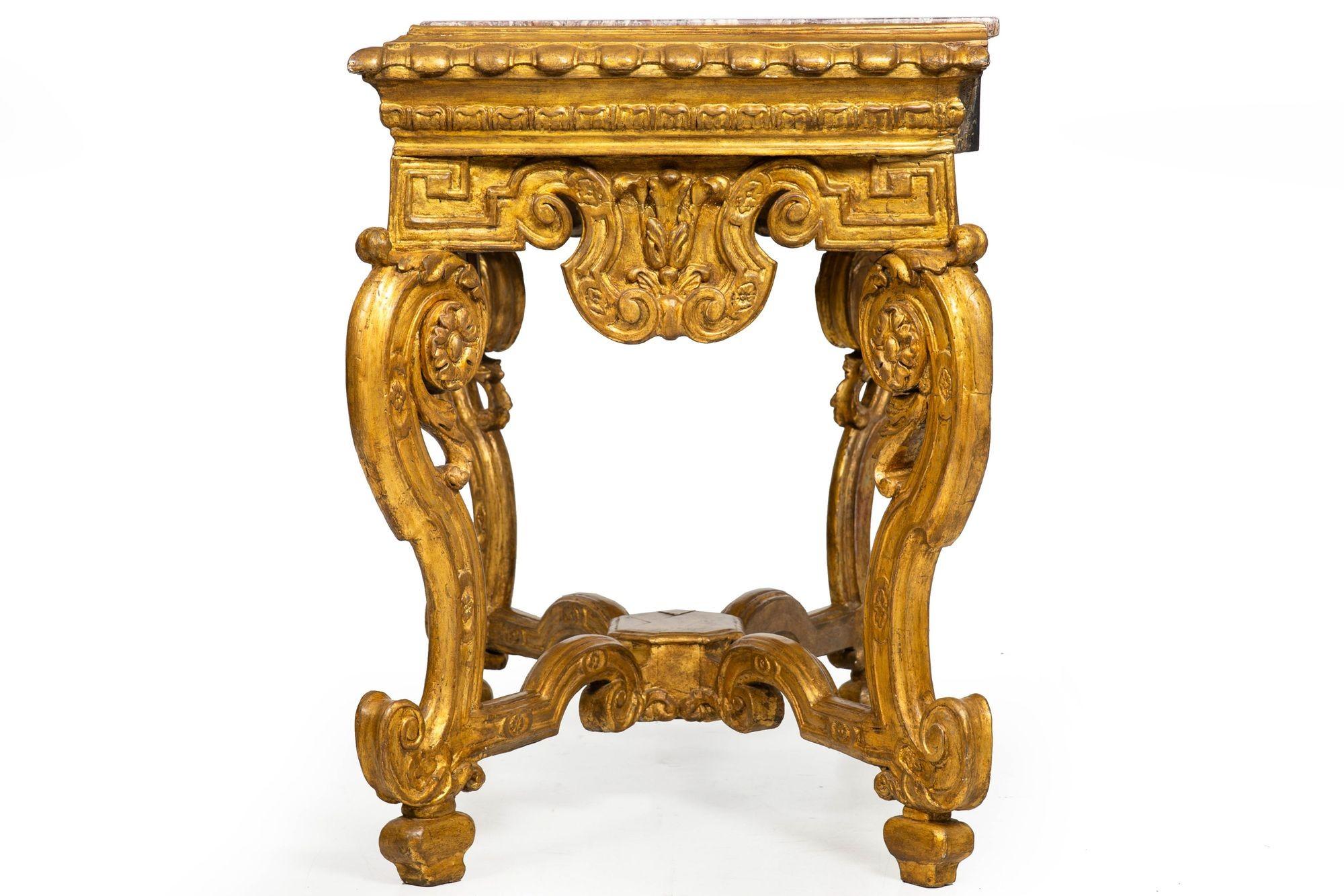 Carved Italian 18th Century Baroque Giltwood Marble Top Console Table For Sale