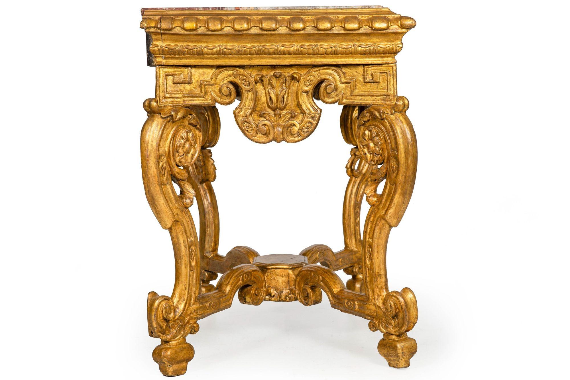 18th Century and Earlier Italian 18th Century Baroque Giltwood Marble Top Console Table For Sale