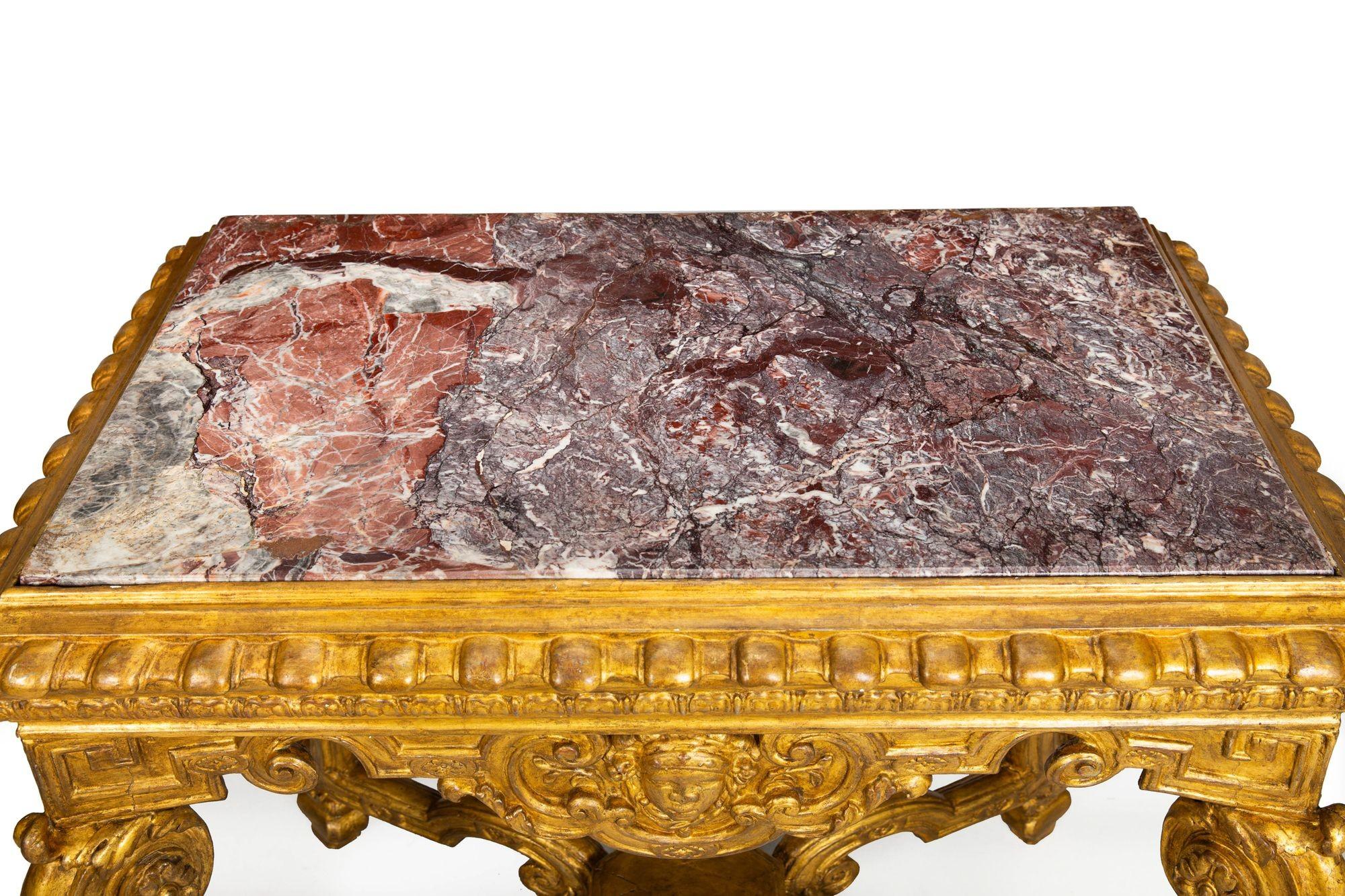 Italian 18th Century Baroque Giltwood Marble Top Console Table For Sale 1