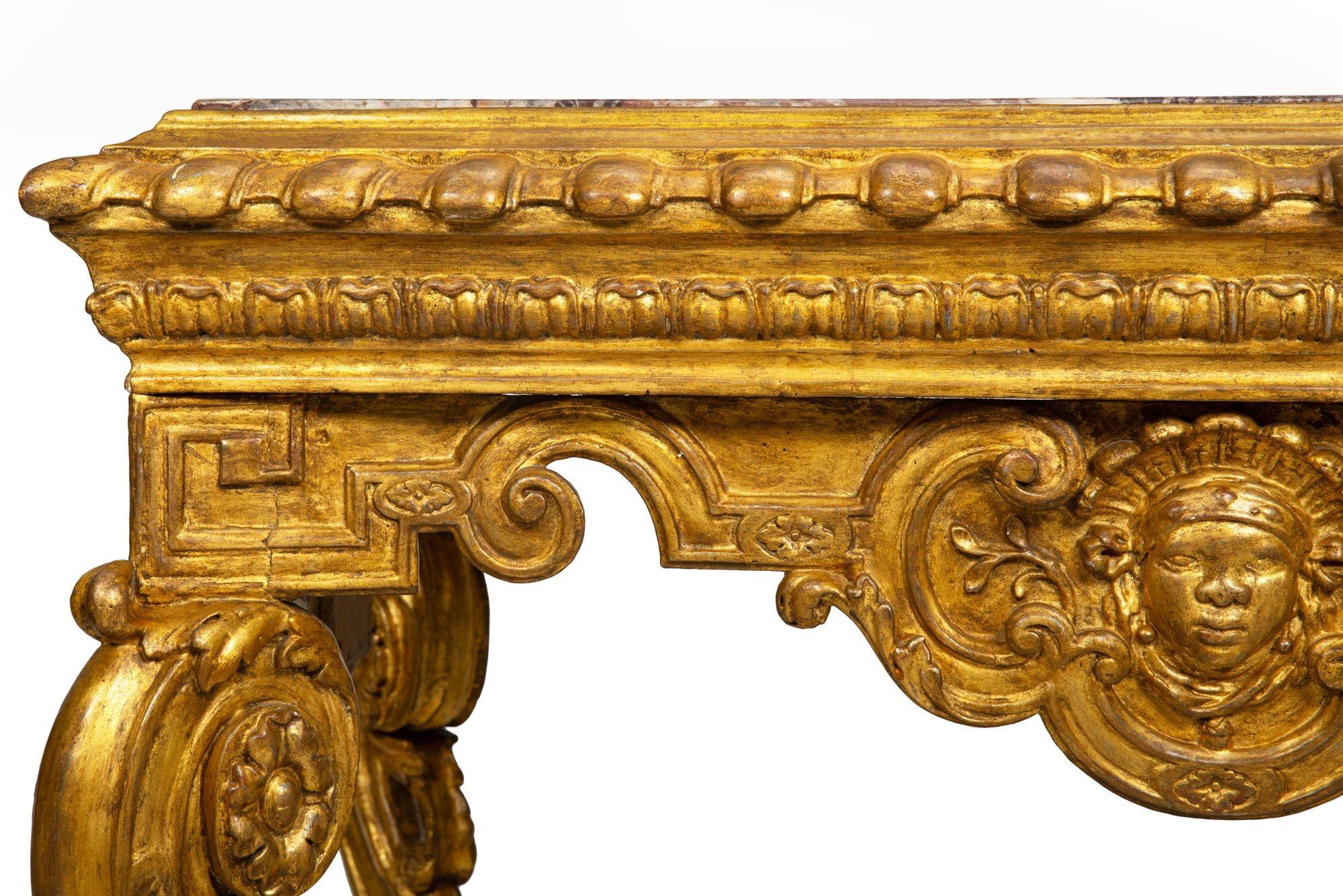 Italian 18th Century Baroque Giltwood Marble Top Console Table For Sale 3