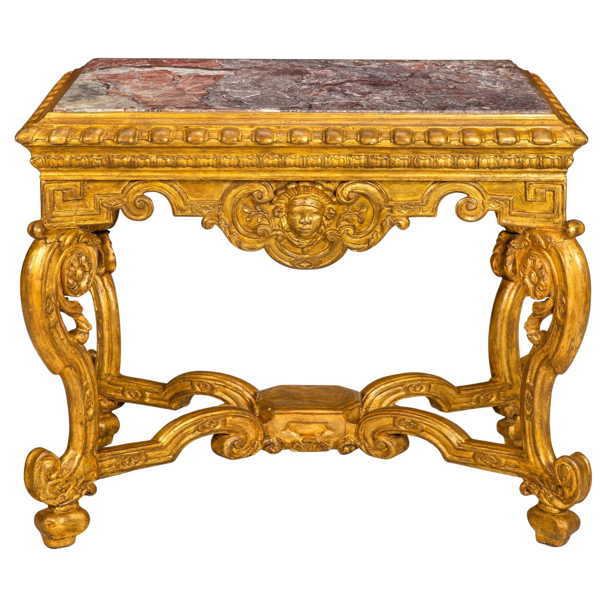 Italian 18th Century Baroque Giltwood Marble Top Console Table For Sale