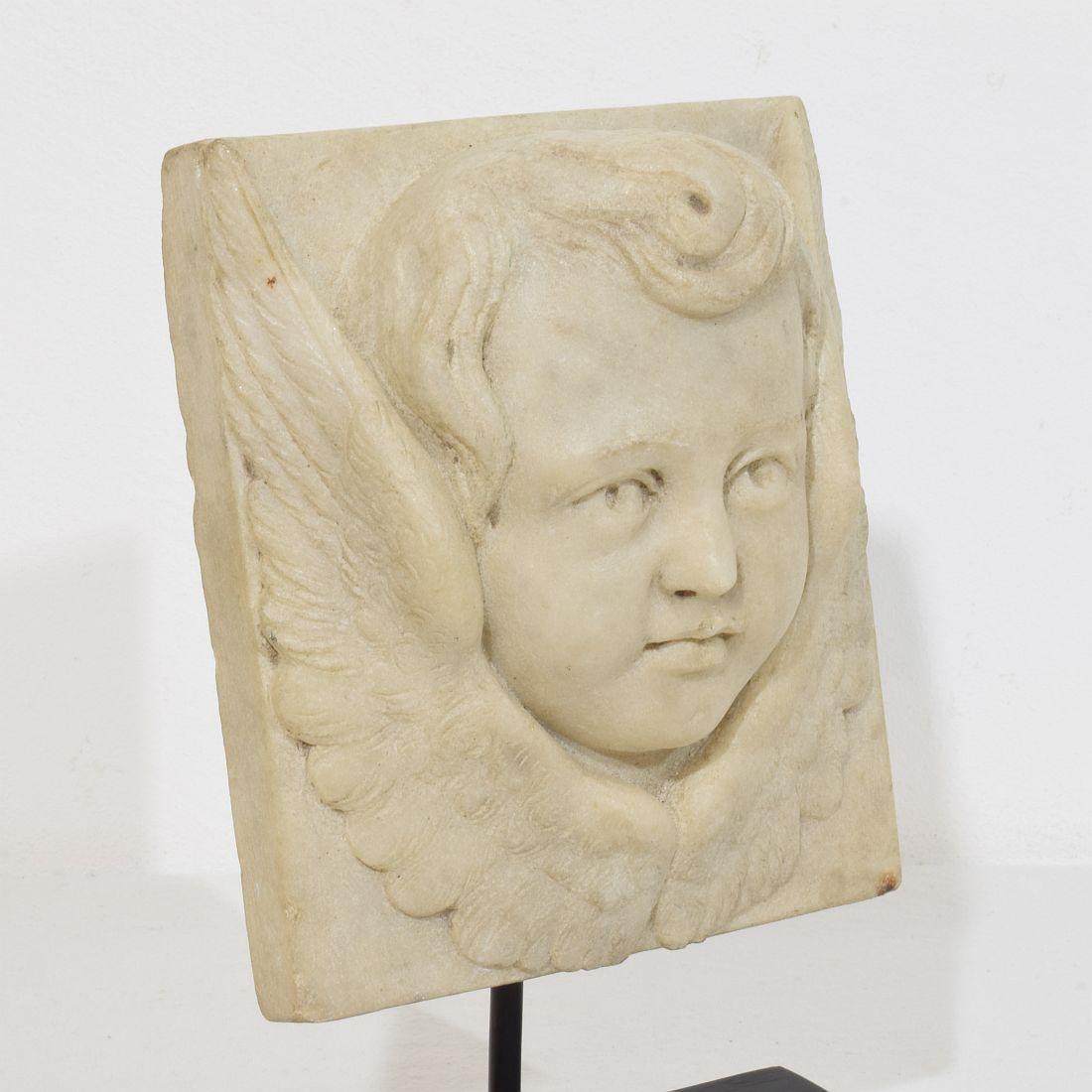 Italian 18th Century Baroque Hand Carved Marble Angel Head Panel For Sale 6