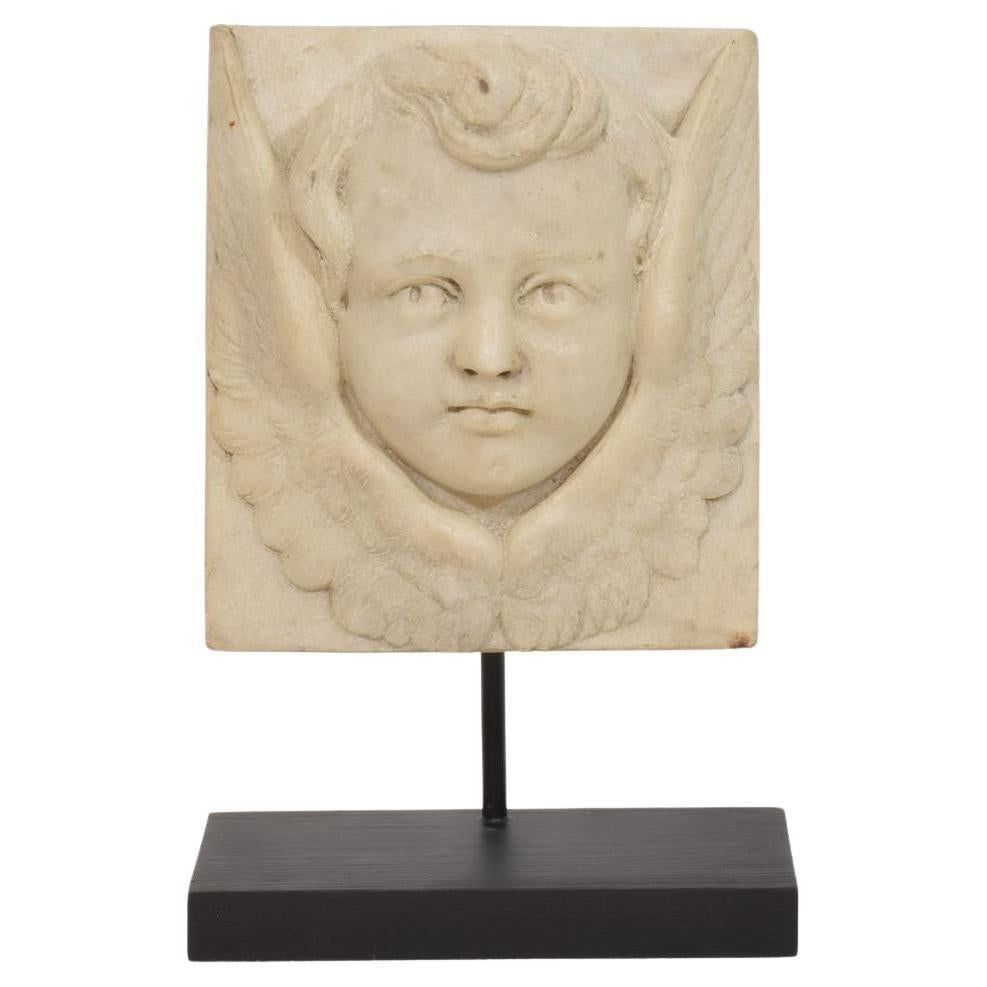Italian 18th Century Baroque Hand Carved Marble Angel Head Panel For Sale