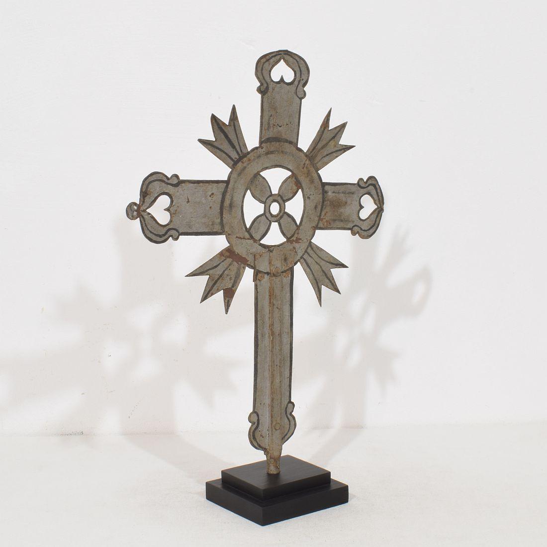Hand-Crafted Italian, 18th Century, Baroque Painted Metal Procession Cross For Sale