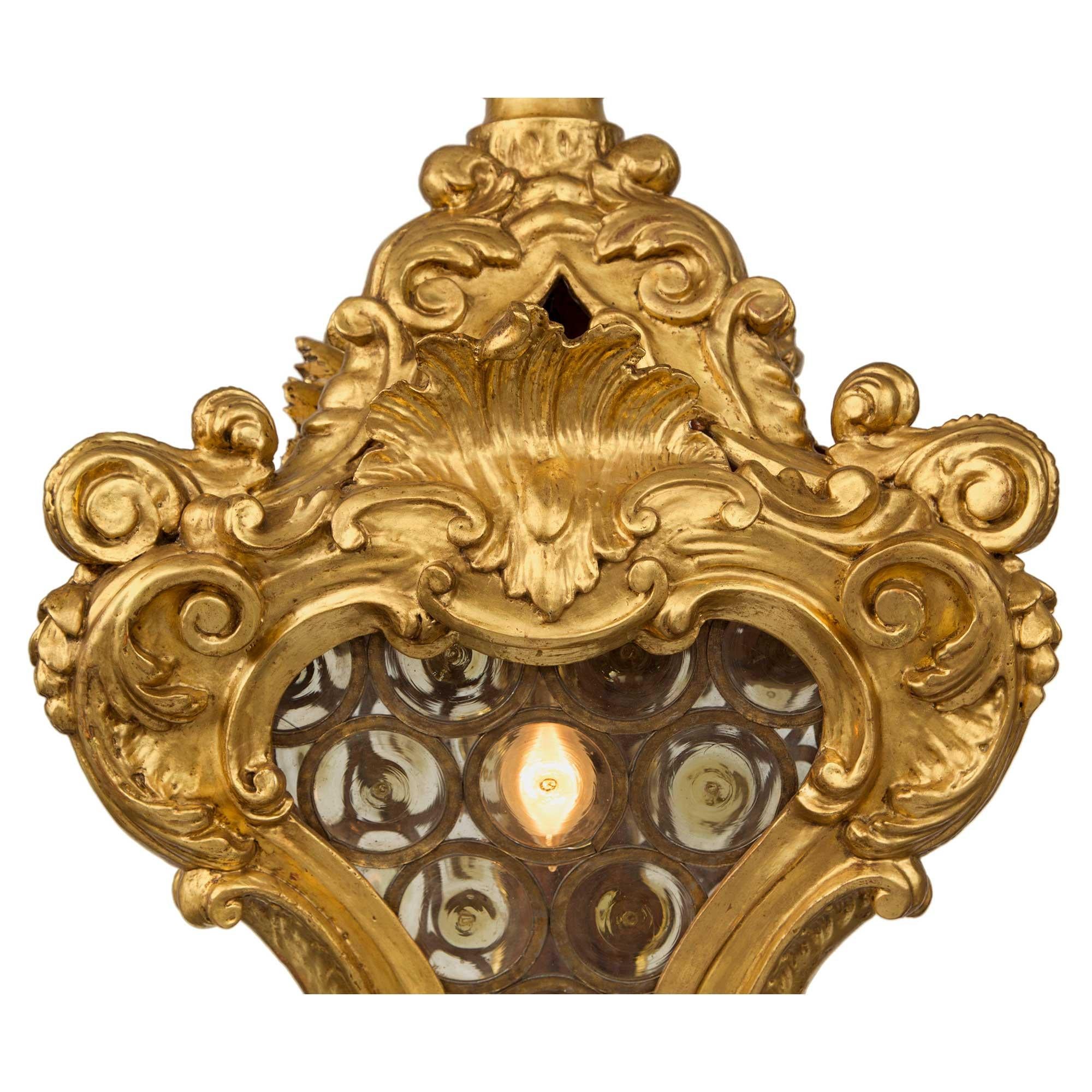 18th Century and Earlier Italian 18th Century Baroque Period Giltwood and Glass Lantern For Sale