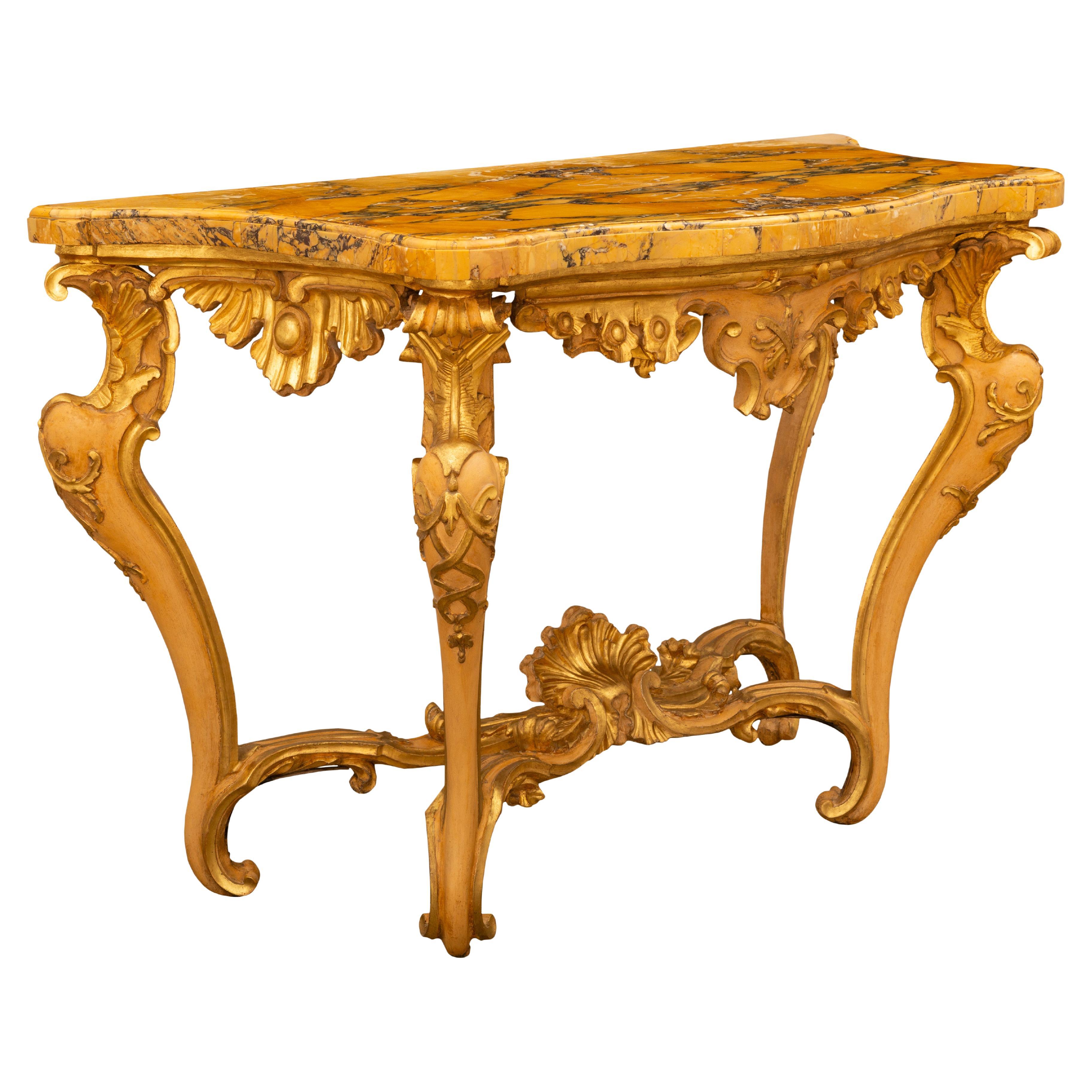 Italienischer Barock des 18. Jahrhunderts Konsolen aus Giltwood, patiniertem Wood und Marmor (Patiniert) im Angebot