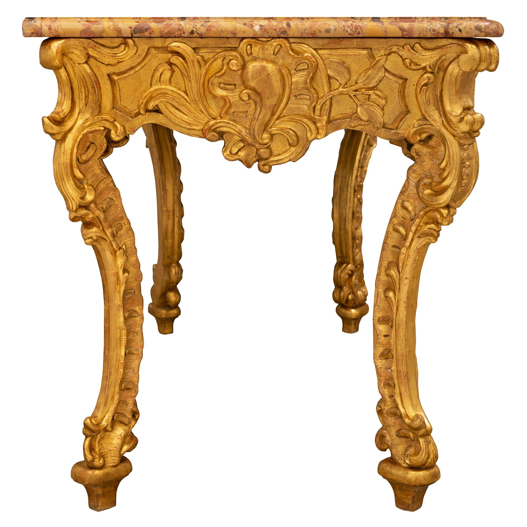 18th Century and Earlier Italian 18th Century Baroque St. Giltwood and Brèche D’Alep Marble Console For Sale