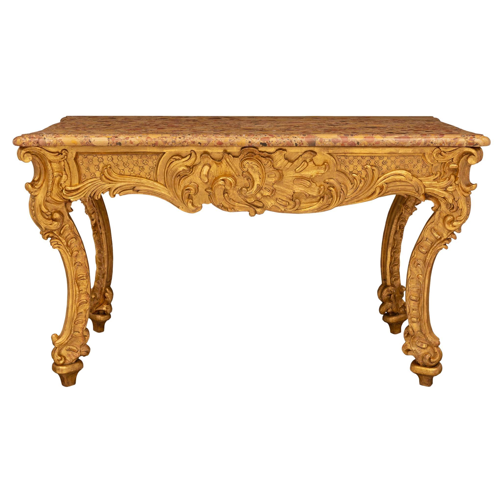 Console baroque italienne du 18ème siècle en bois doré et marbre Brche DAlep en vente