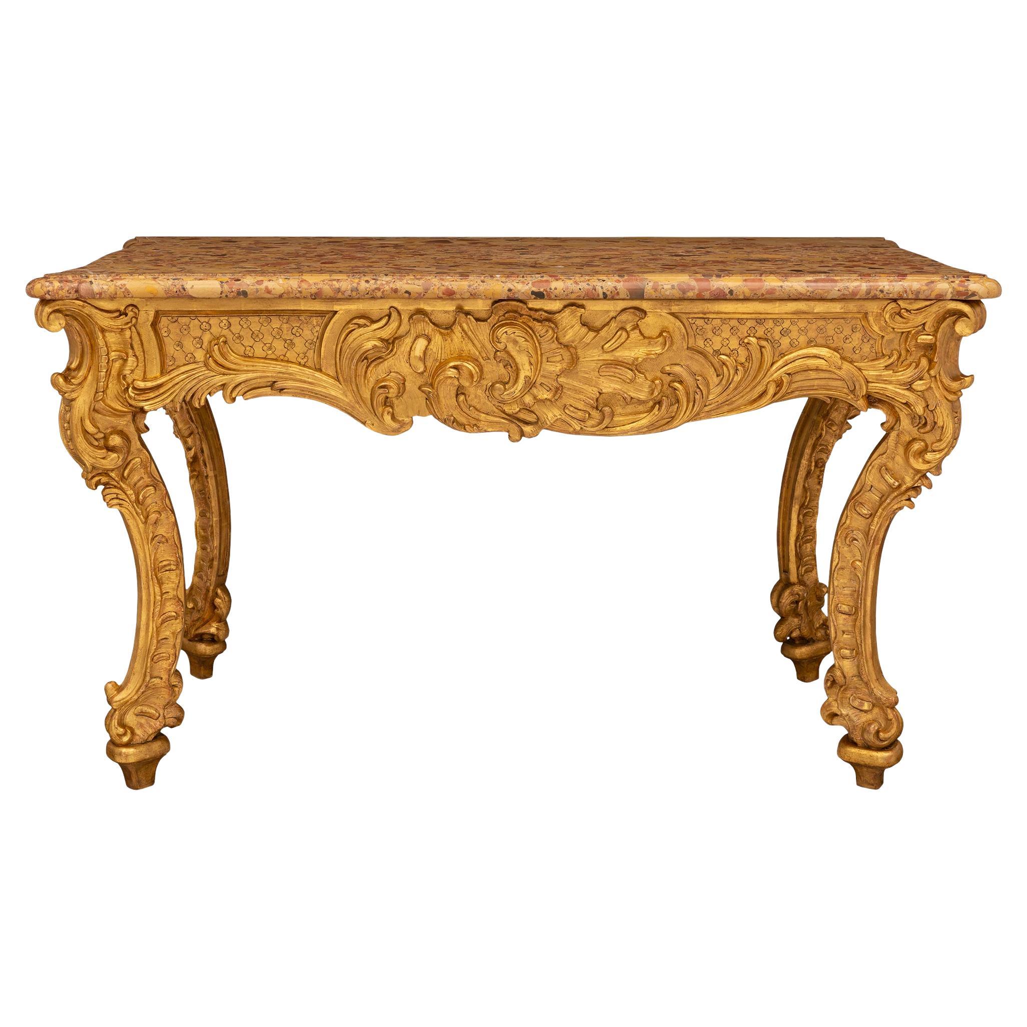 Console baroque italienne du 18ème siècle en bois doré et marbre Brche DAlep