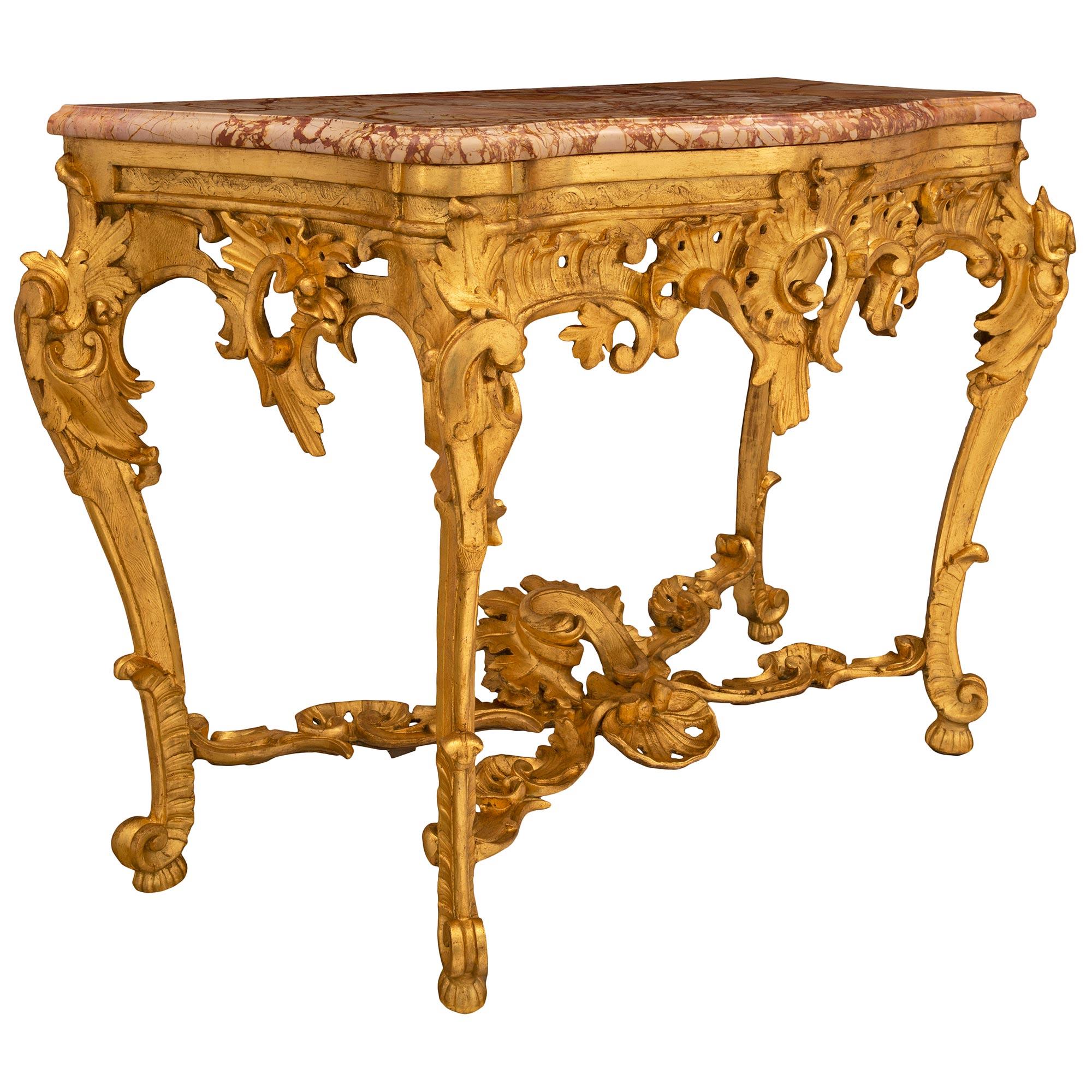 Italian 18th Century Baroque St. Giltwood and Sarrancolin Marble Console In Good Condition For Sale In West Palm Beach, FL