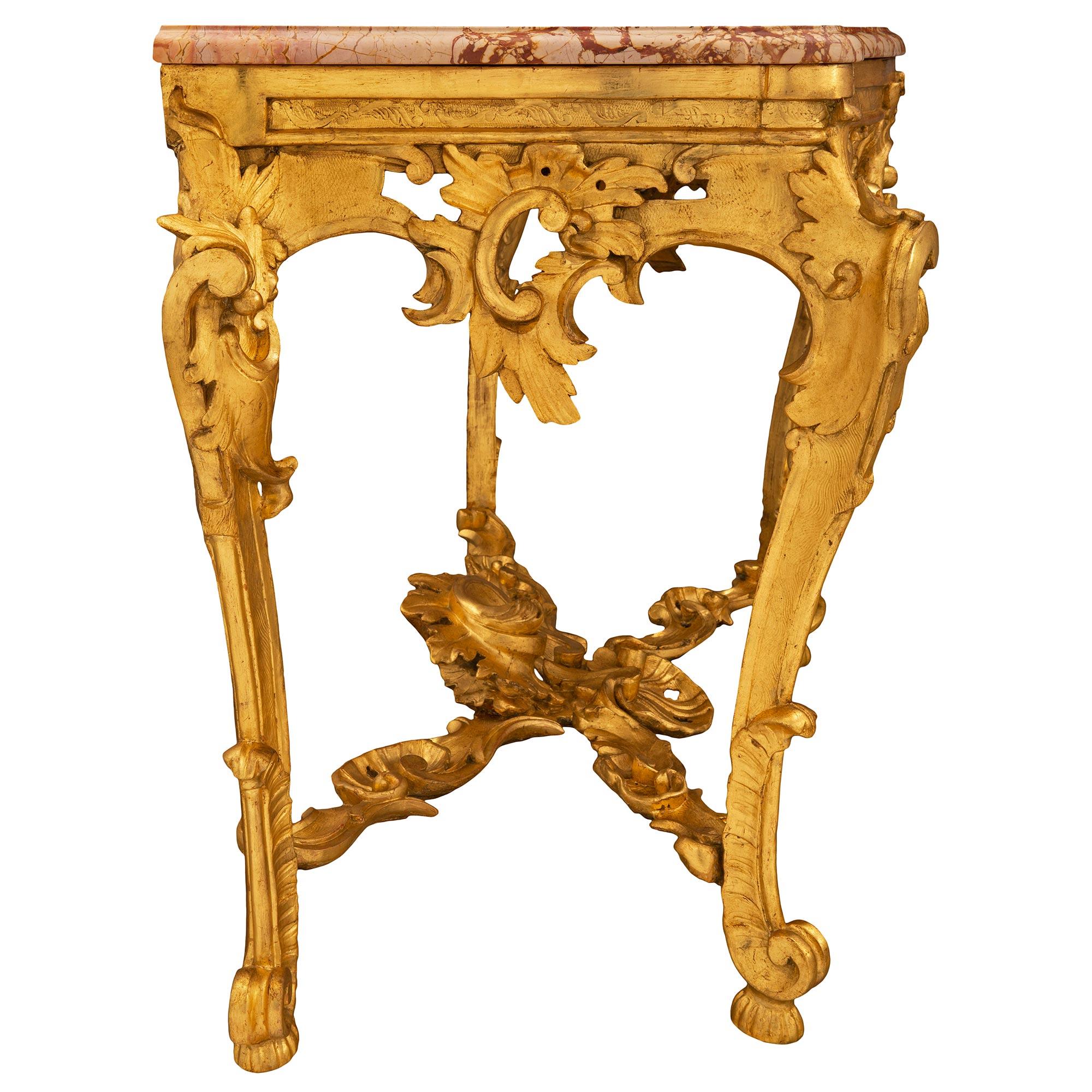 18th Century and Earlier Italian 18th Century Baroque St. Giltwood and Sarrancolin Marble Console For Sale