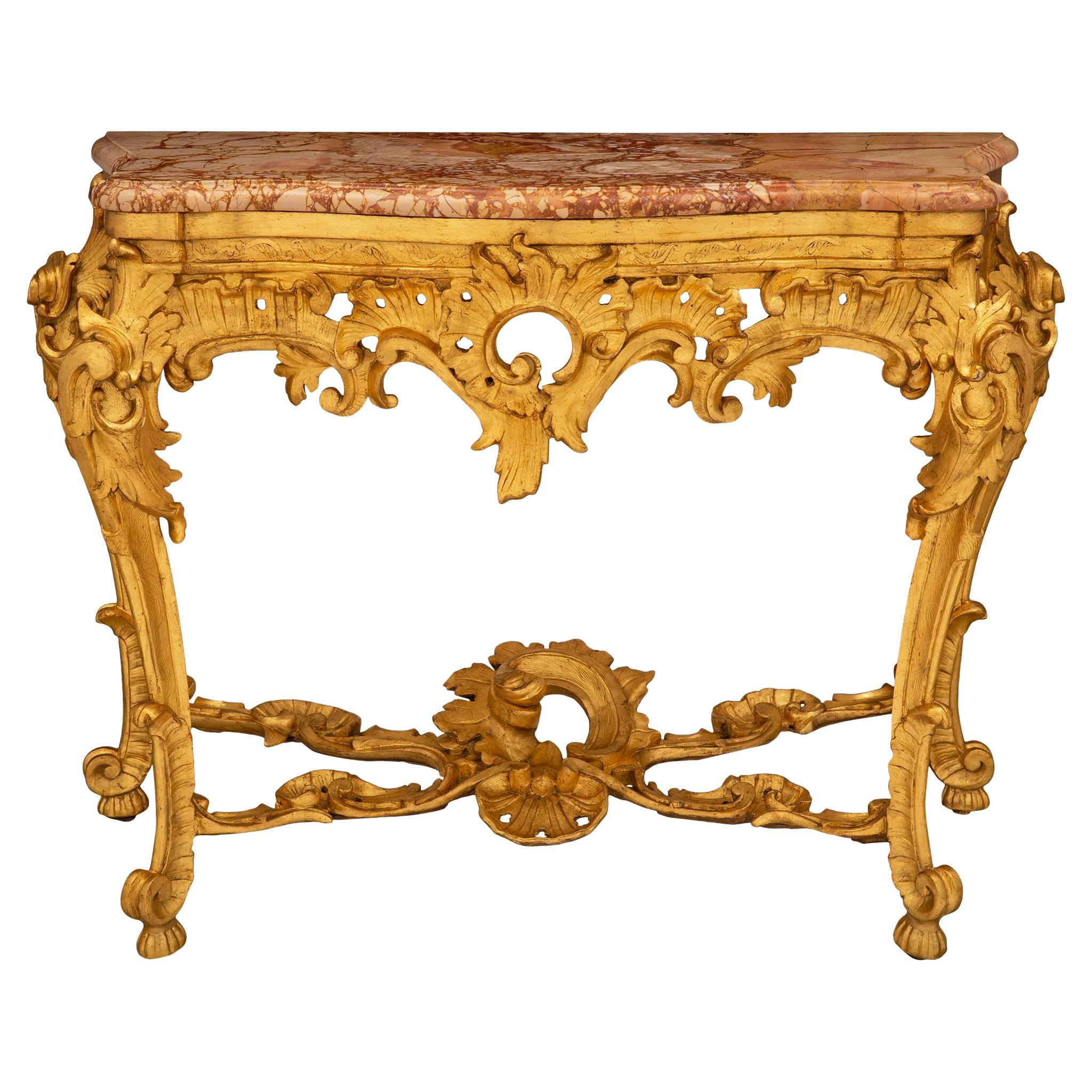 Console baroque italienne du 18ème siècle en bois doré et marbre Sarrancolin
