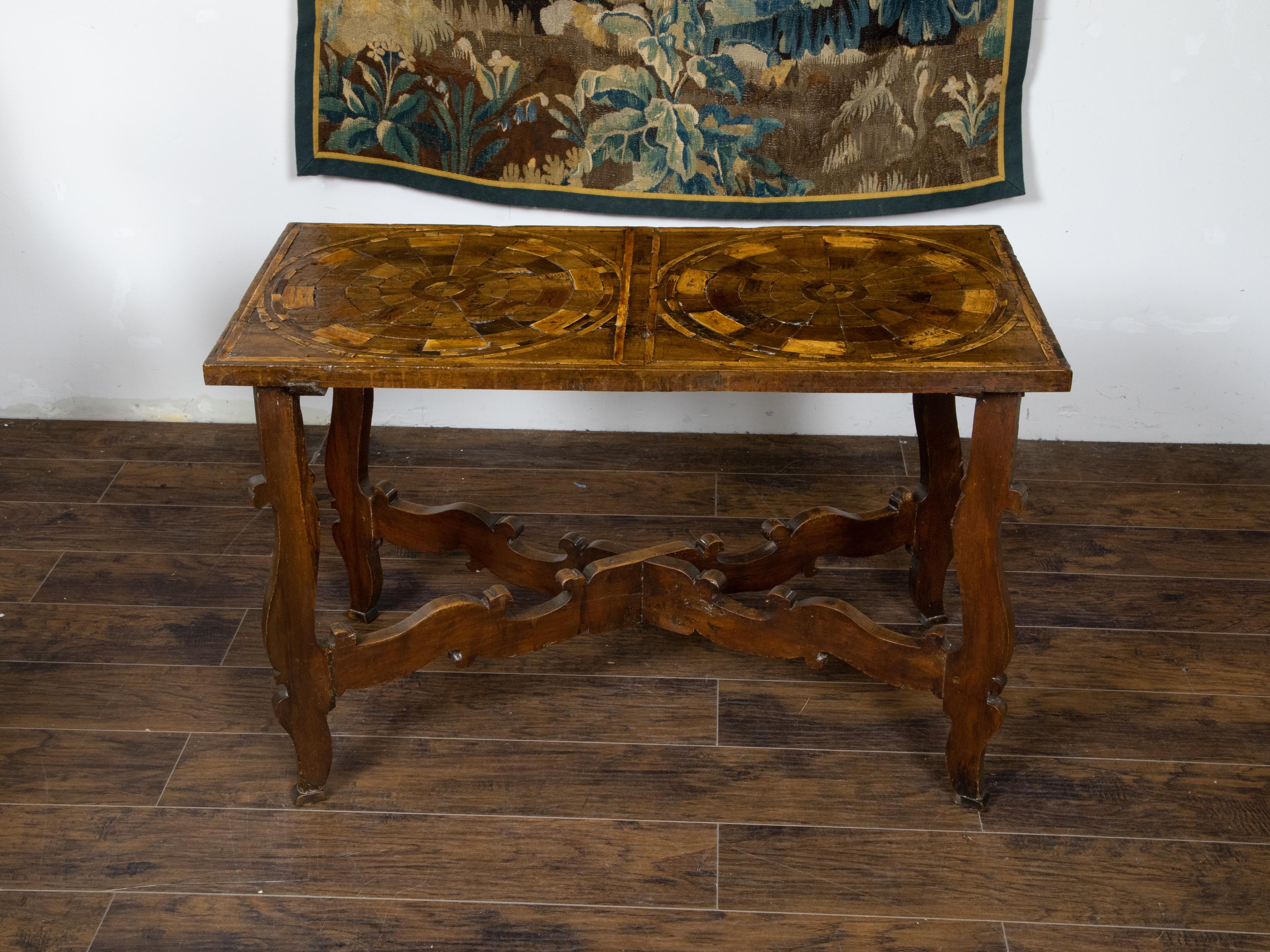 18th Century and Earlier Italian 18th Century Baroque Style Carved Walnut Table with Marquetry Décor For Sale