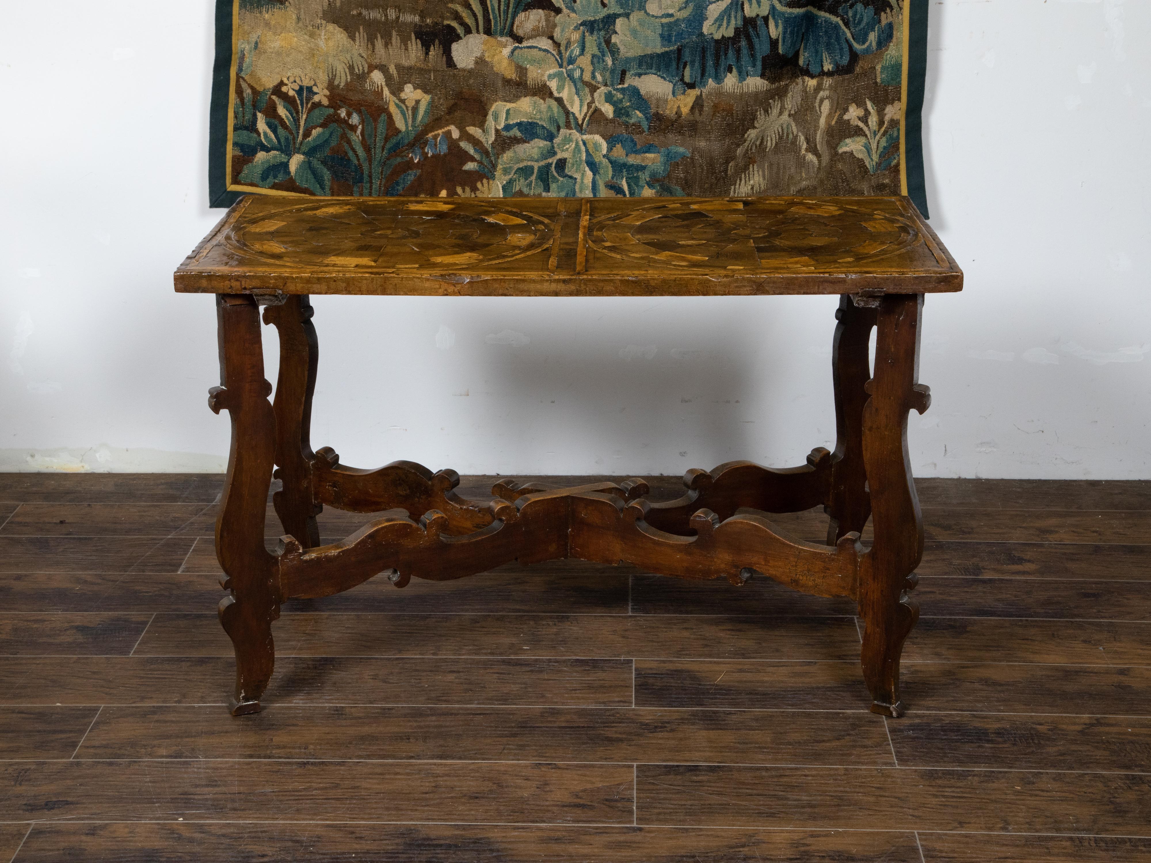 Italian 18th Century Baroque Style Carved Walnut Table with Marquetry Décor For Sale 2