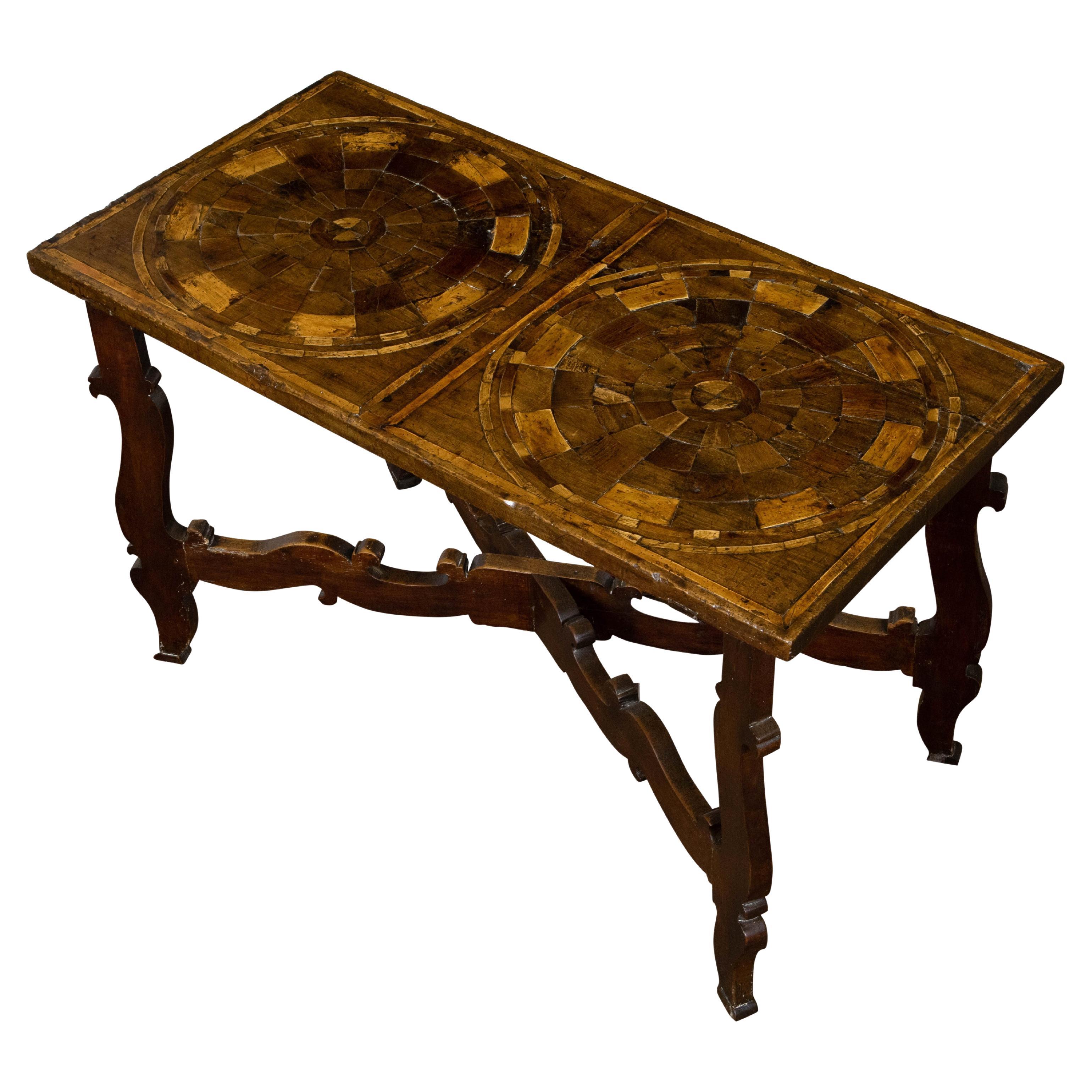 Italian 18th Century Baroque Style Carved Walnut Table with Marquetry Décor For Sale