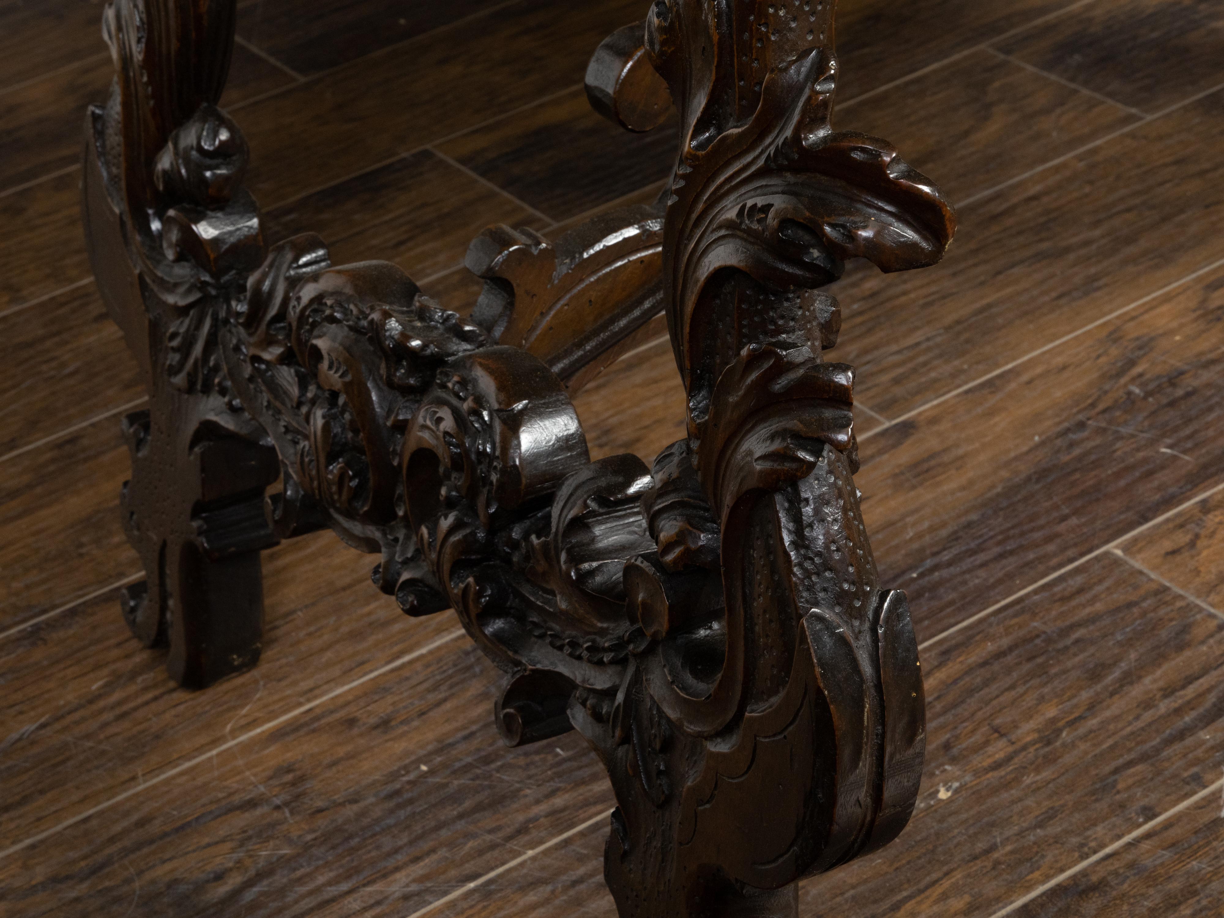 Italian 18th Century Baroque Walnut Fratino Console Table with Carved Foliage For Sale 8
