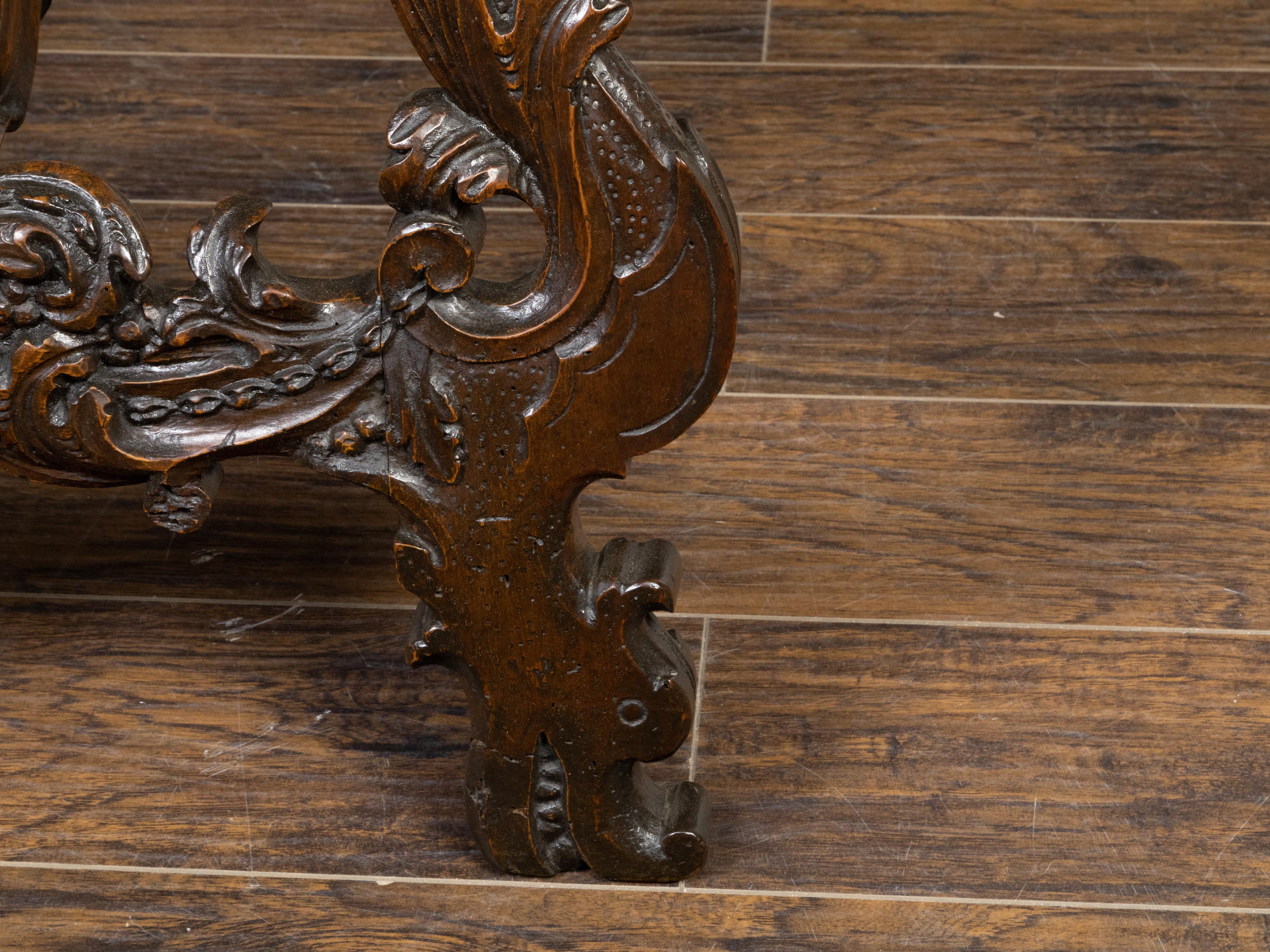 Italian 18th Century Baroque Walnut Fratino Console Table with Carved Foliage For Sale 9
