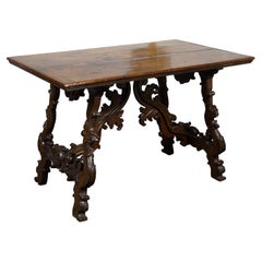 Italian 18th Century Baroque Walnut Fratino Console Table with Carved Foliage