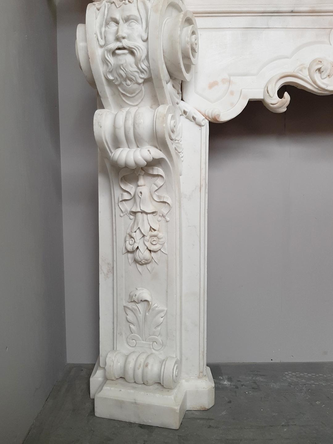 18th Century and Earlier Italian 18th Century Carrara Marble Fireplace Richly Decorated Baroque Style For Sale