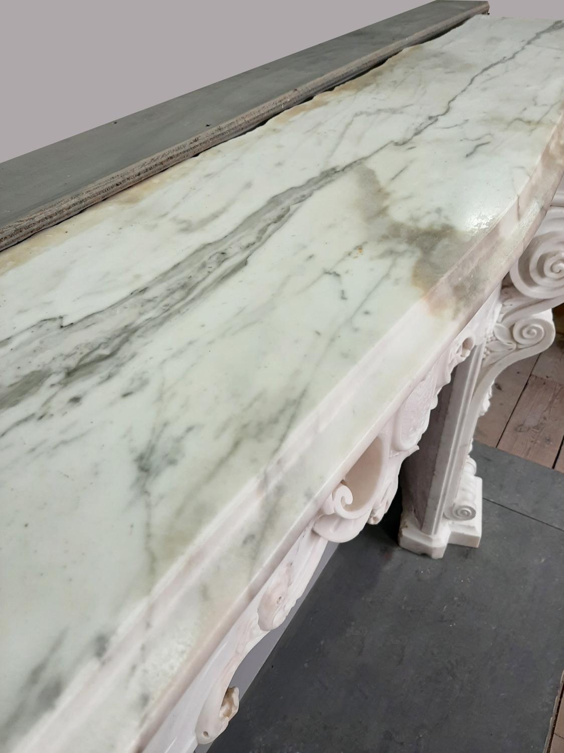 Italian 18th Century Carrara Marble Fireplace Richly Decorated Baroque Style For Sale 3