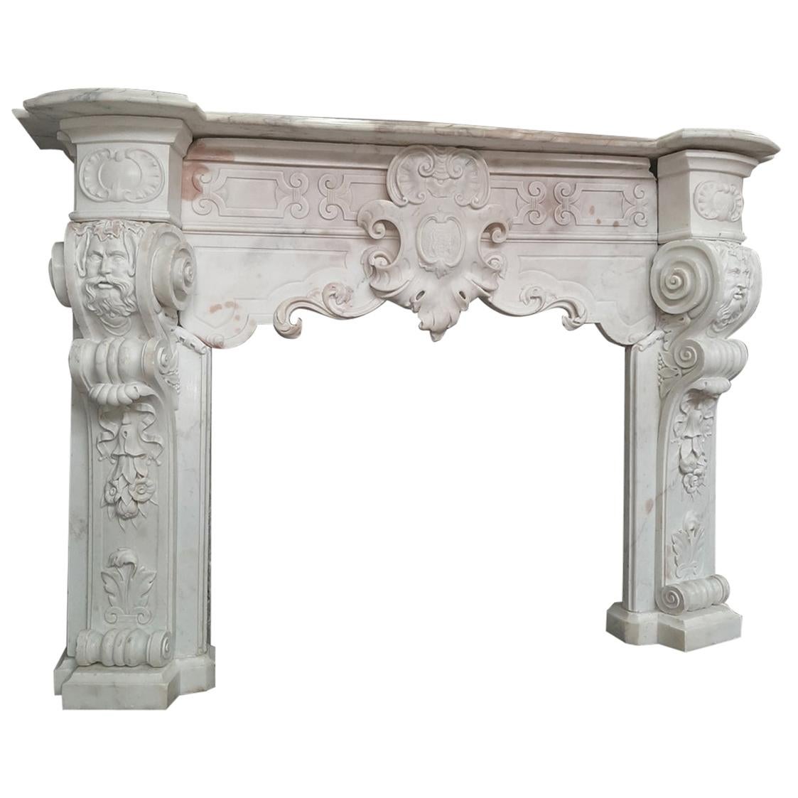 Italian 18th Century Carrara Marble Fireplace Richly Decorated Baroque Style For Sale