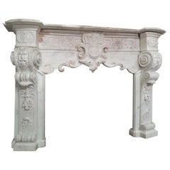 Antique Italian 18th Century Carrara Marble Fireplace Richly Decorated Baroque Style