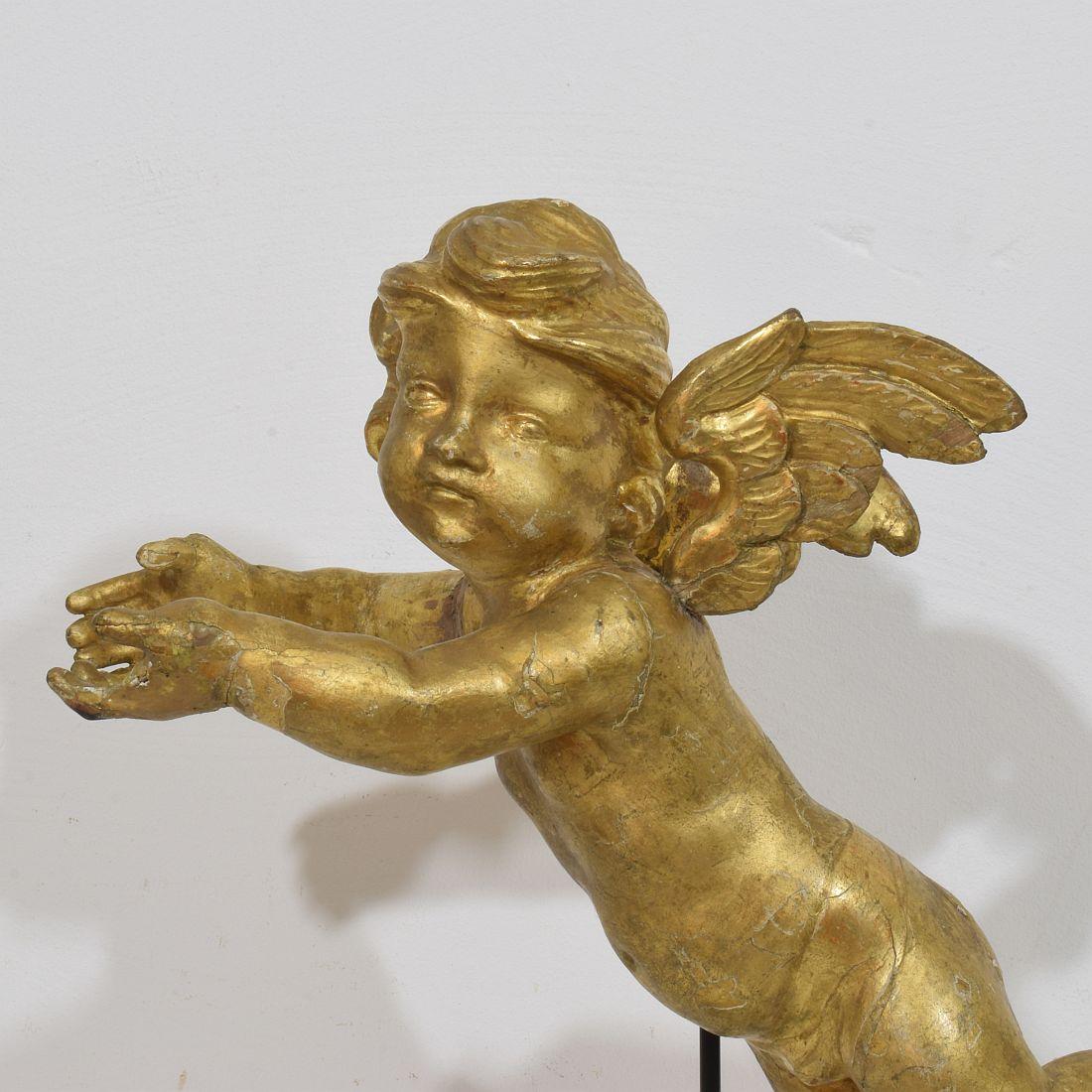 Ángel barroco italiano del siglo XVIII tallado en madera dorada siglo XVIII y antes