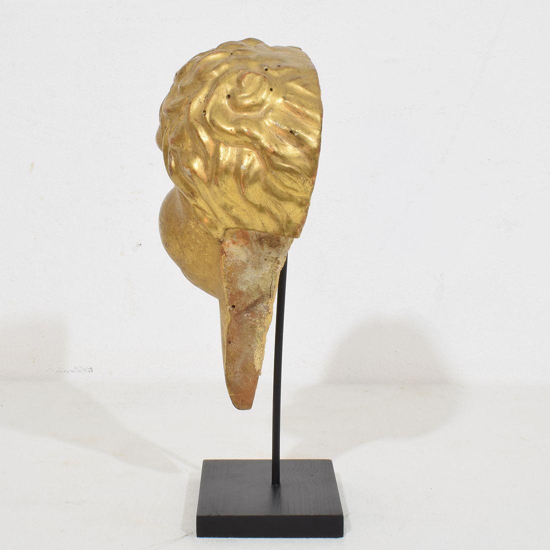 Cabeza de ángel barroca italiana del siglo XVIII tallada en madera dorada en Bueno estado para la venta en Buisson, FR