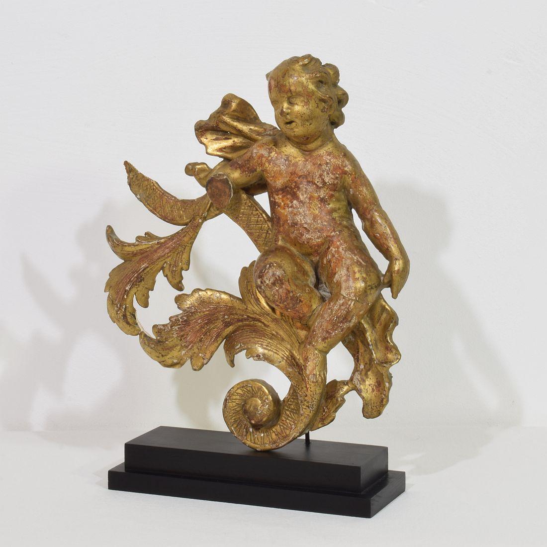 Beautiful giltwood baroque angel on a curl fragment . Unique period piece .
Italy, circa 1750
Weathered and small losses

Measurement here below includes the wooden base.