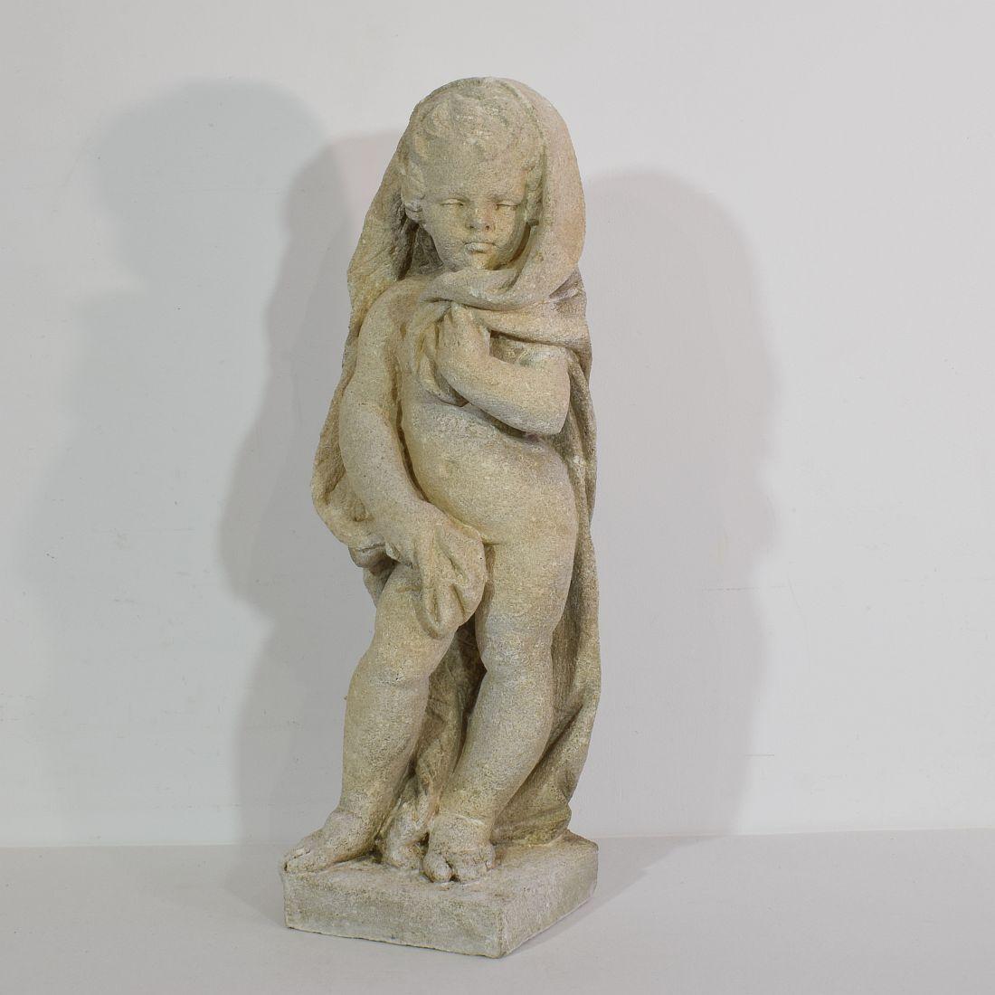 Great and unique find. Hand carved stone baroque cherub, hand carved out of Vincenza limestone.
Italy, circa 1750-1800.
Weathered.