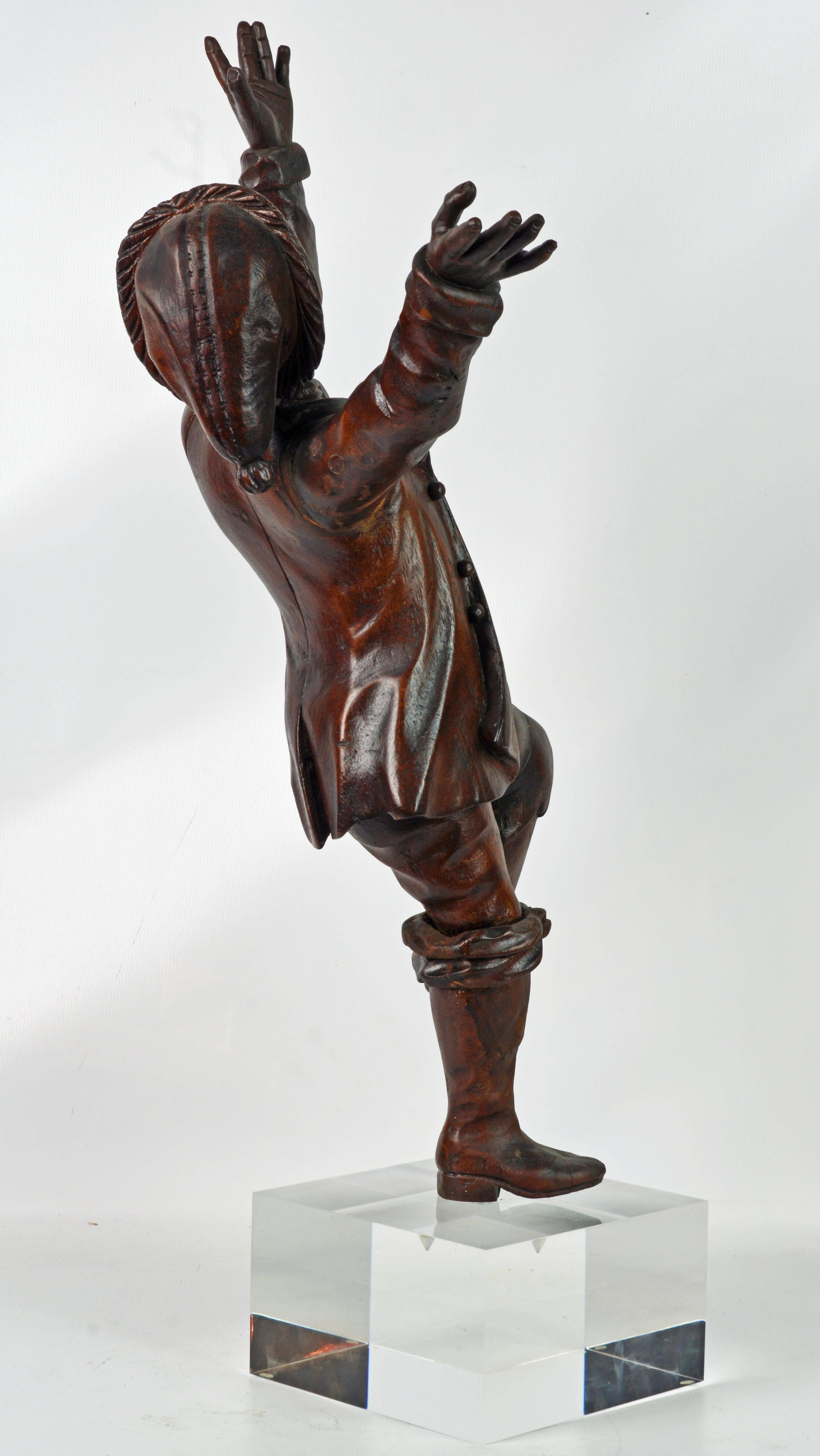 Baroque Italian 18th Century Carved Statue of a Dancing Jubilant Boy on a Lucite Base