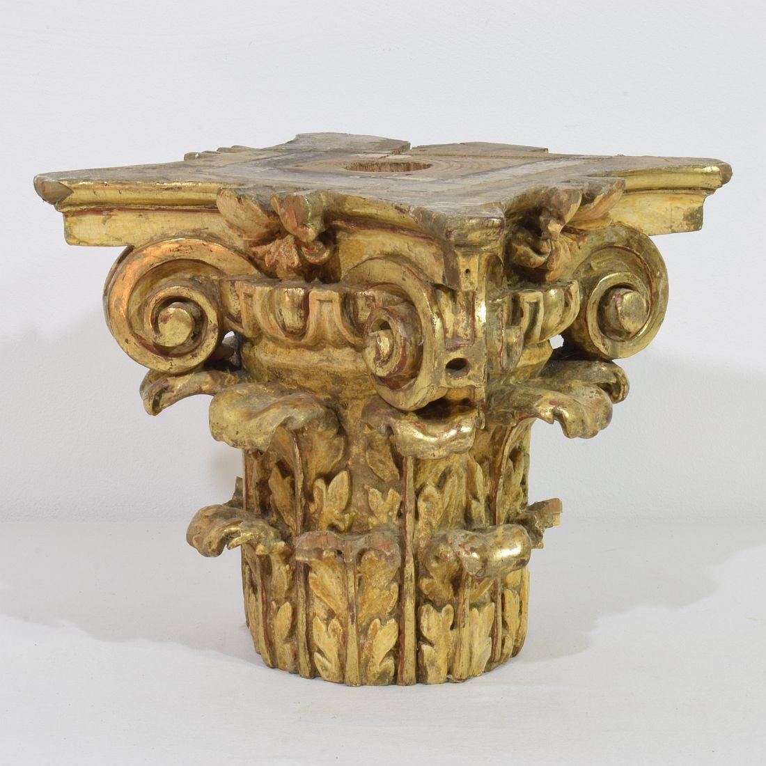 Beautiful Italian carved wooden capital with traces of its original paint and gilding. Unique find. 
Italy, circa 1750
Weathered and small losses and old repairs.