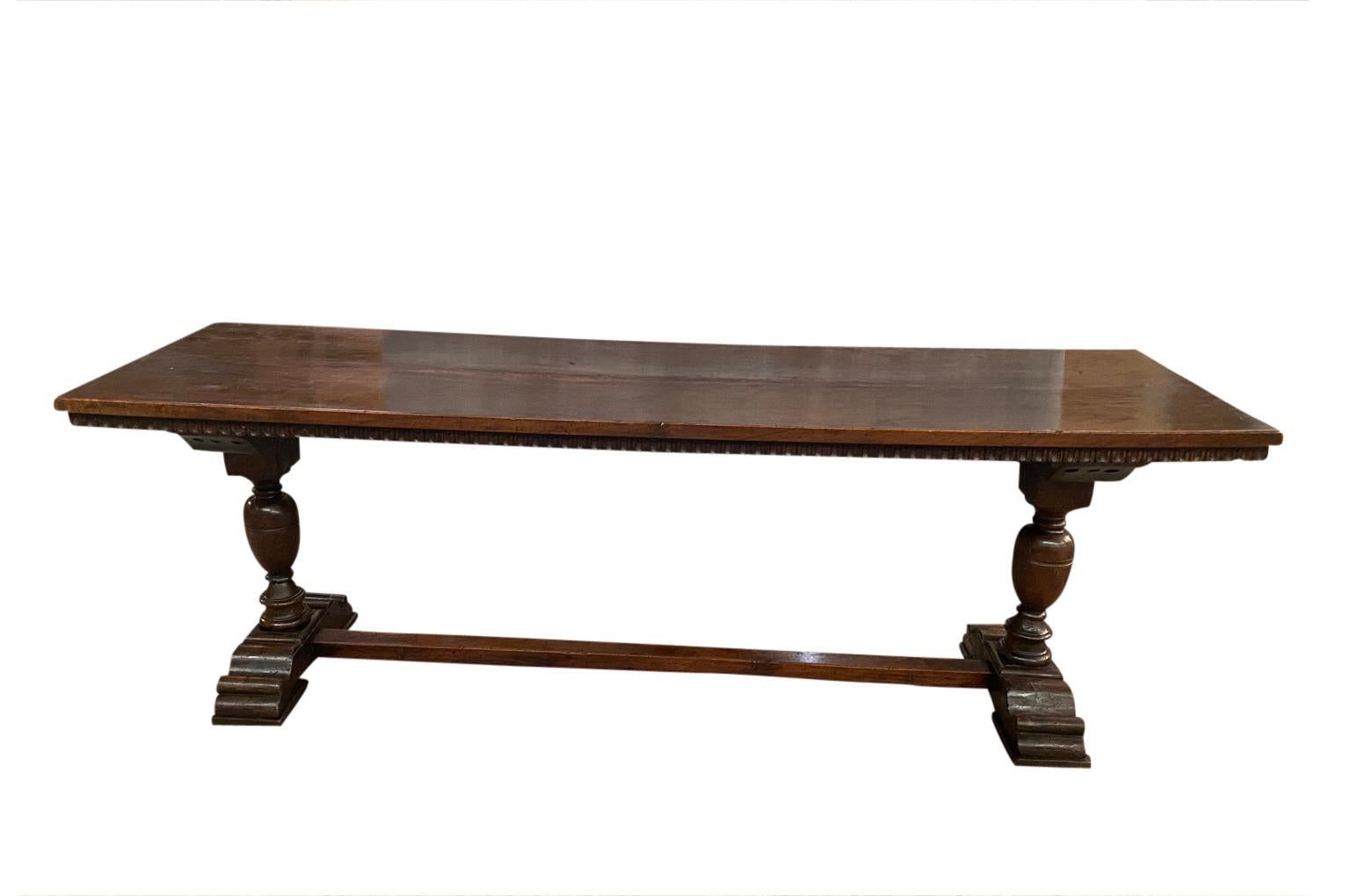 A very stunning 18th century Console Table from the Lombardy region of Italy.  Beautifully constructed from handsome walnut with baluster legs and dentilated carving detail.  Gorgeous patina.