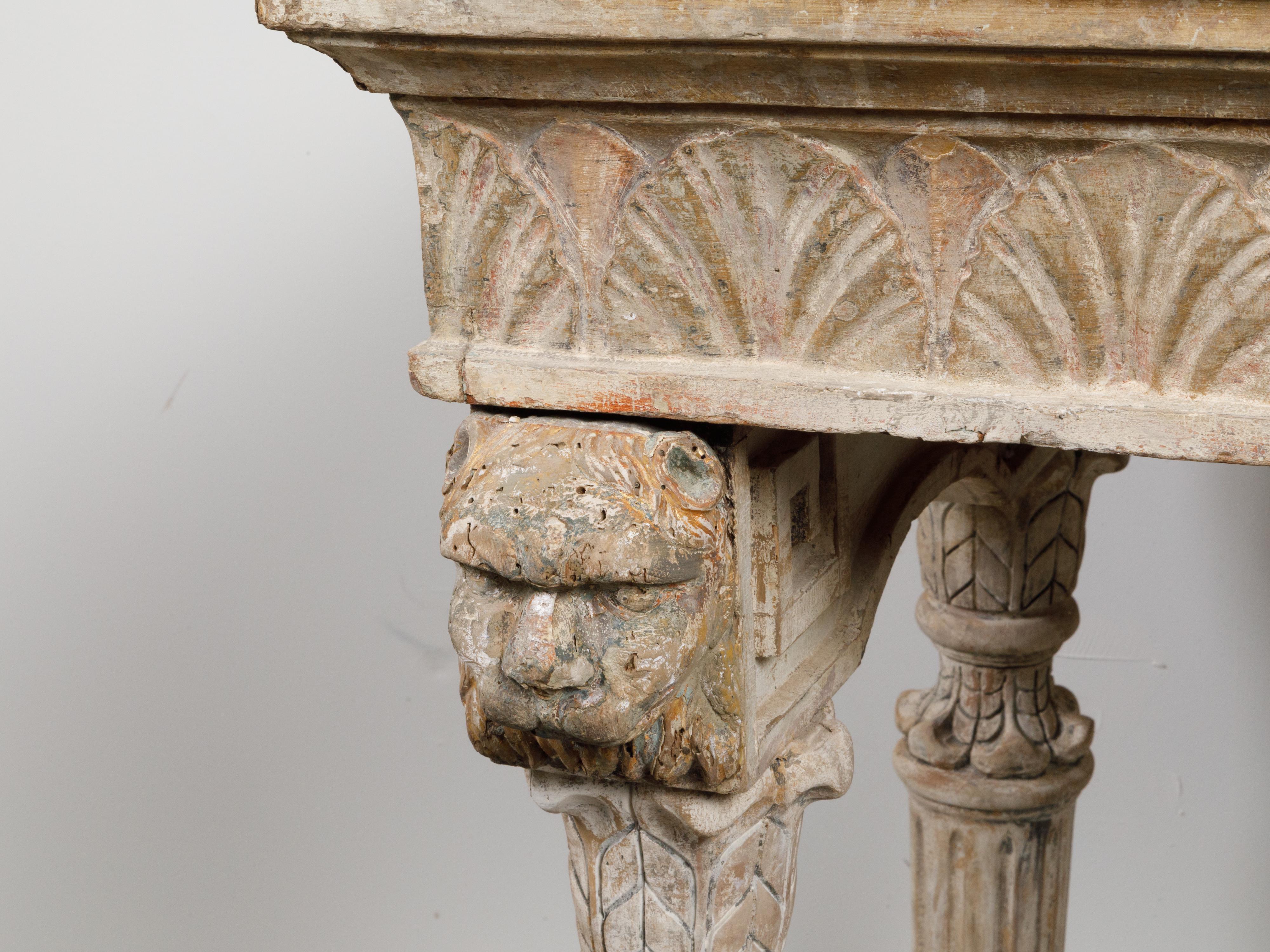 Neoclassical Italian 18th Century Console Table with Carved Lion Heads and Papyrus Capitals For Sale