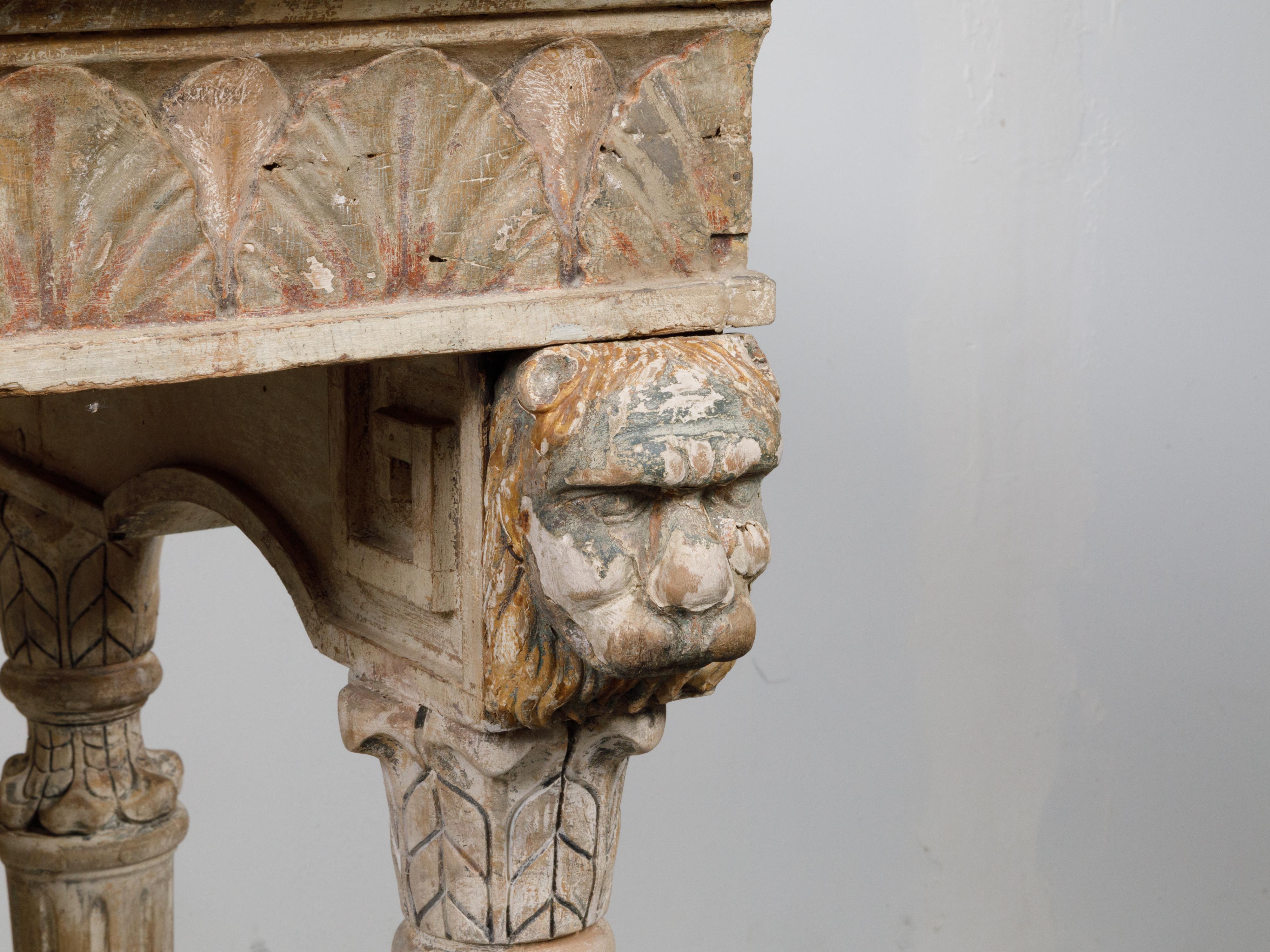18th Century and Earlier Italian 18th Century Console Table with Carved Lion Heads and Papyrus Capitals For Sale
