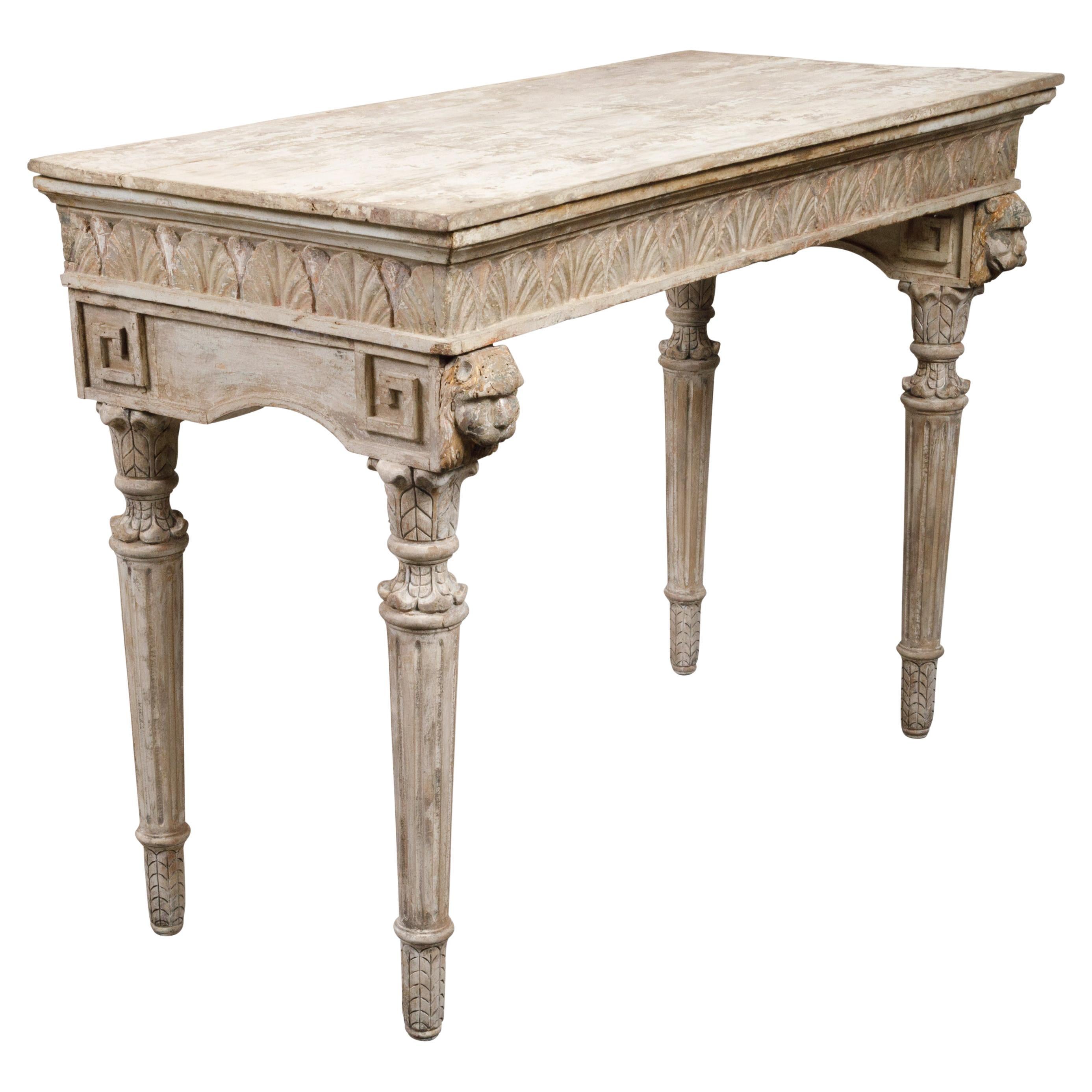 Italian 18th Century Console Table with Carved Lion Heads and Papyrus Capitals
