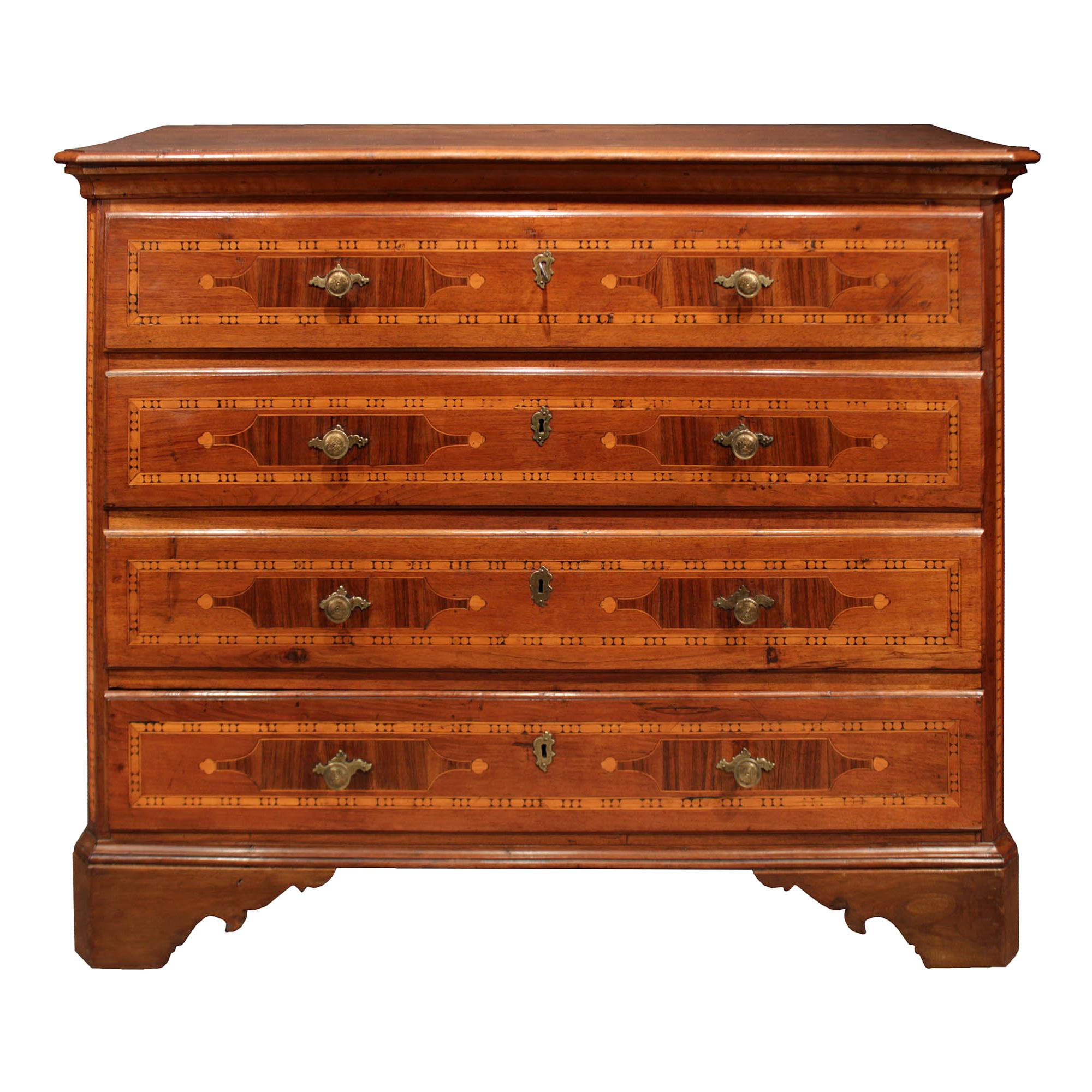 Italian 18th Century Country Four-Drawer Pine and Walnut Chest For Sale