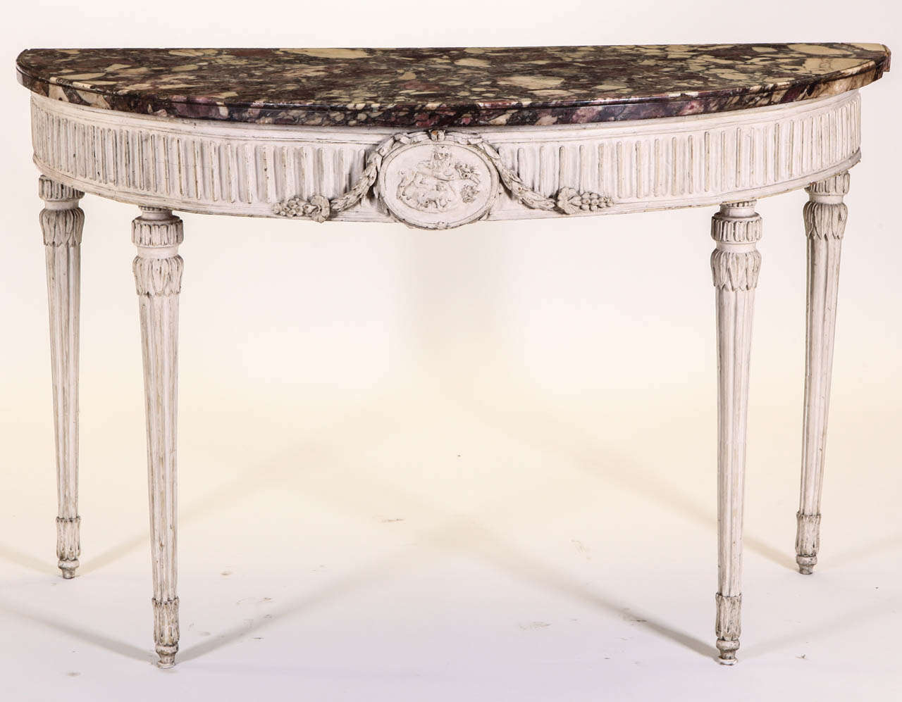 Hand-Painted Italian 18th Century Demilune Ivory Painted Console Table Louis XVI Period For Sale