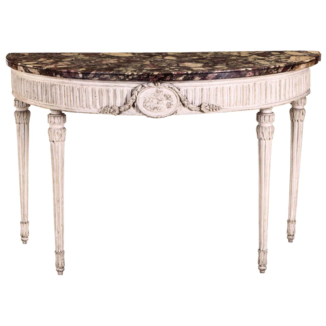 Table console italienne du 18ème siècle peinte en ivoire demi-lune d'époque Louis XVI