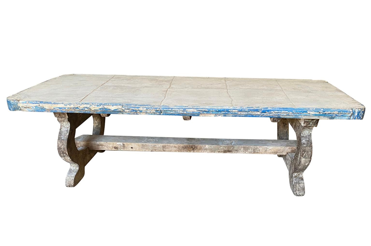 Sensational 18th century Italian dining table - Presentation table from Naples, Italy. Soundly constructed in painted wood This stunning table originally was used as a presentation table in luxury fish shop. Gorgeous color and patina.