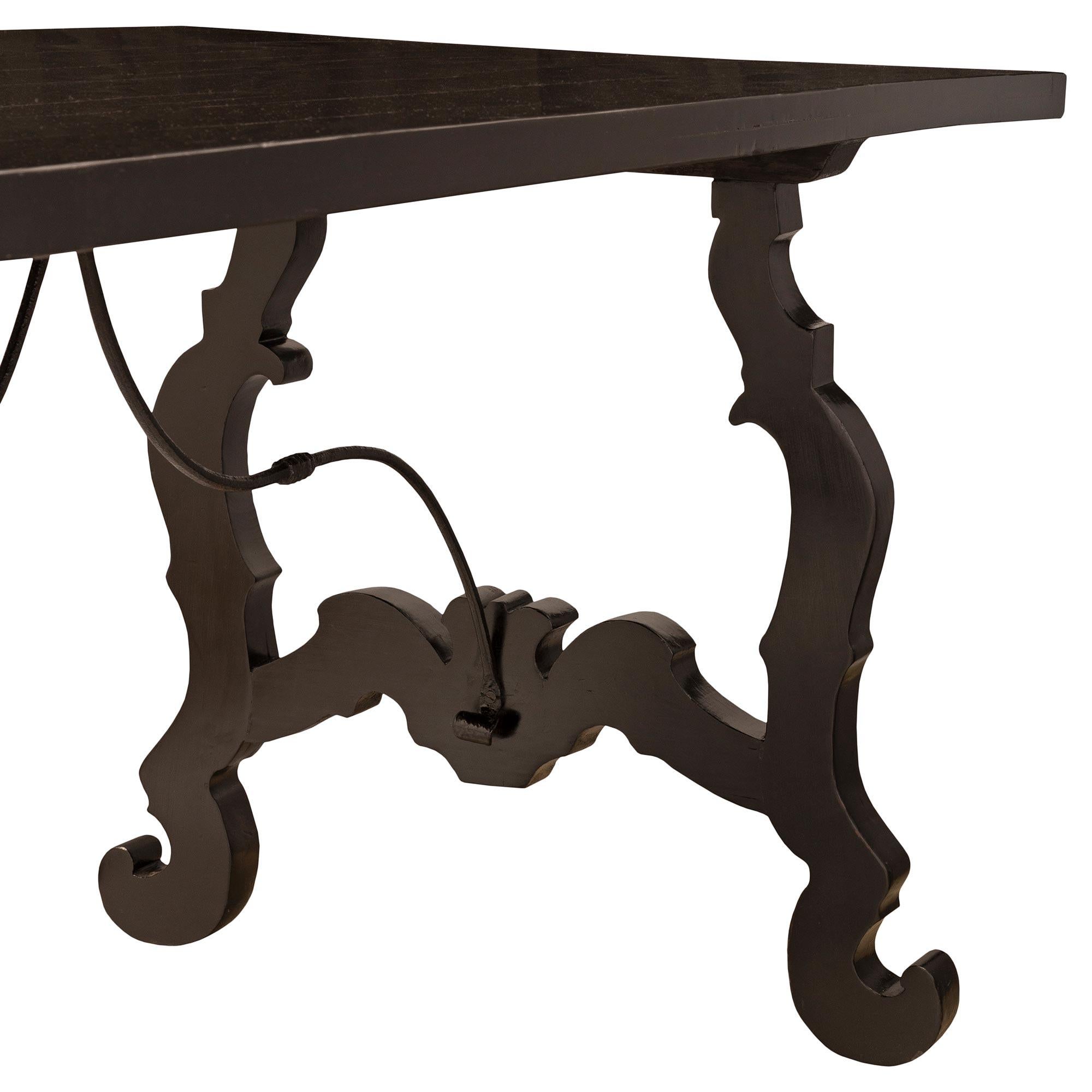 Wrought Iron Italian 18th Century Ebonized Fruitwood Trestle Table For Sale