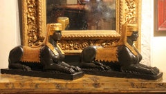 Italian 18th Century Empire Hand Carved, Lacquer and Gilt Wood Sphinx Sculptures