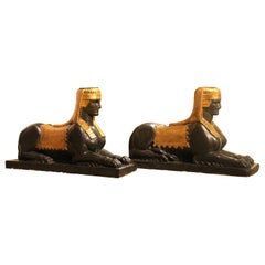 Italian 18th Century Empire Hand Carved, Lacquer and Gilt Wood Sphinx Sculptures