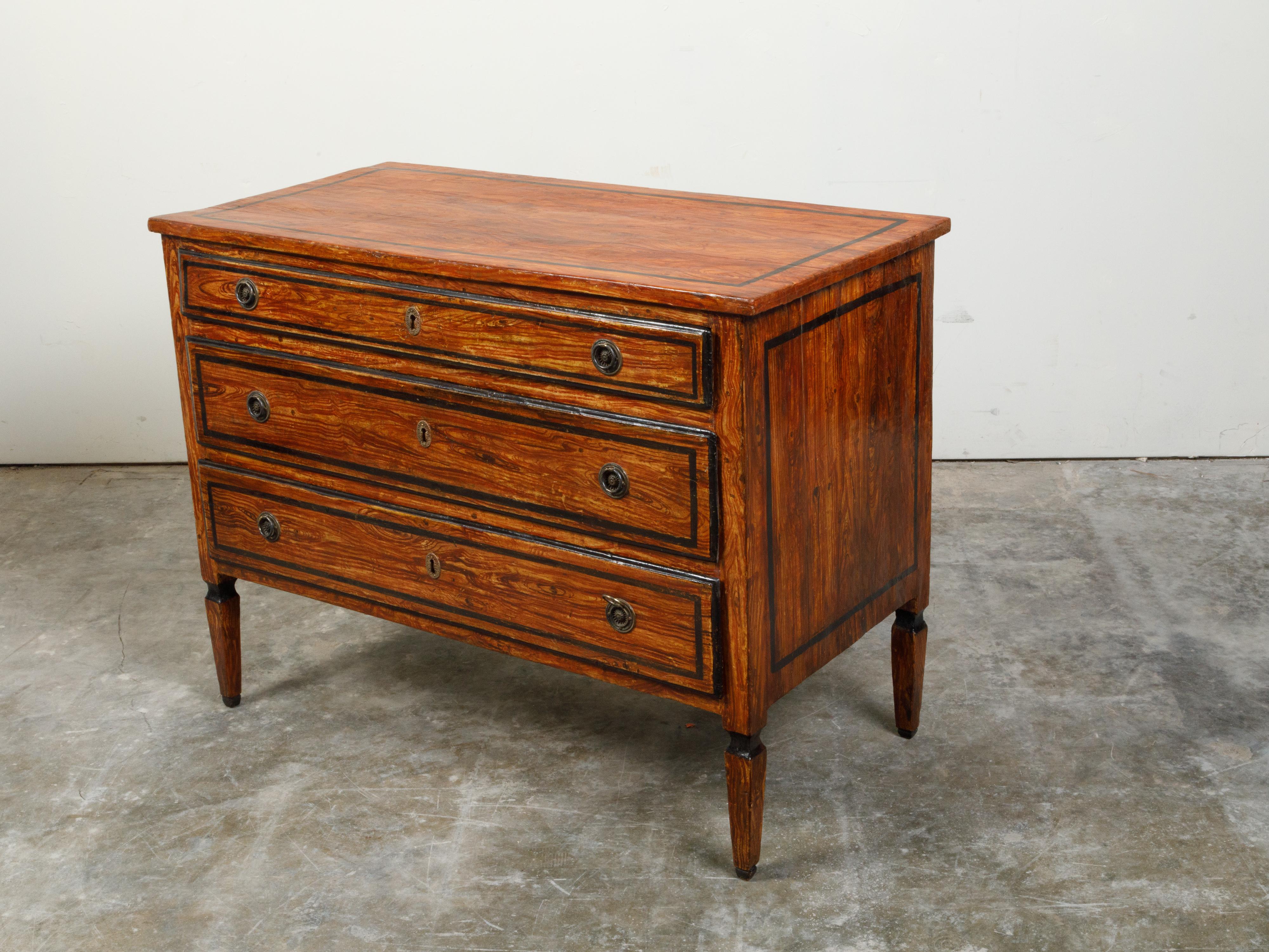 18th Century and Earlier Italian 18th Century Faux Painted Three-Drawer Commode with Black Accents For Sale