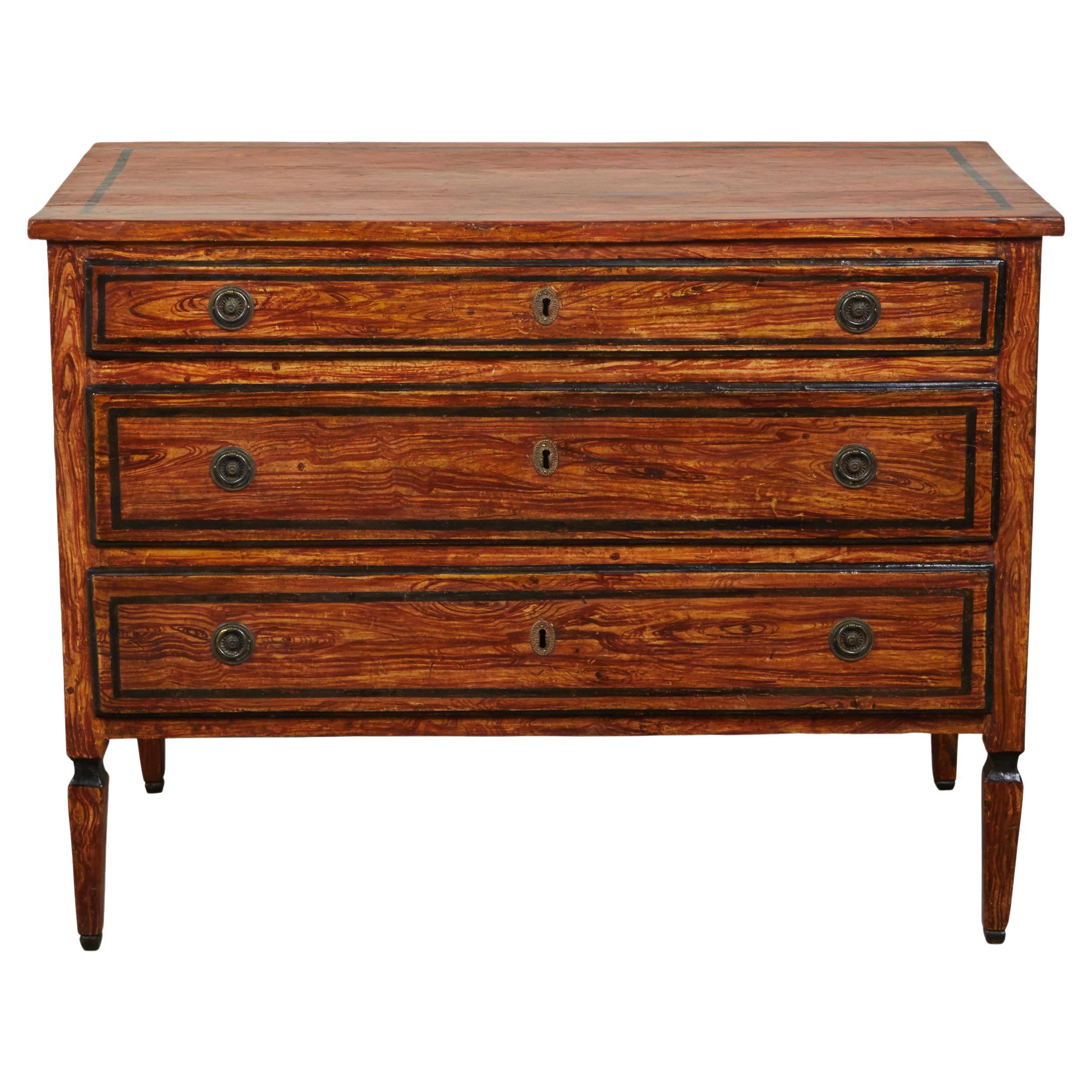 Italian 18th Century Faux Painted Three-Drawer Commode with Black Accents For Sale