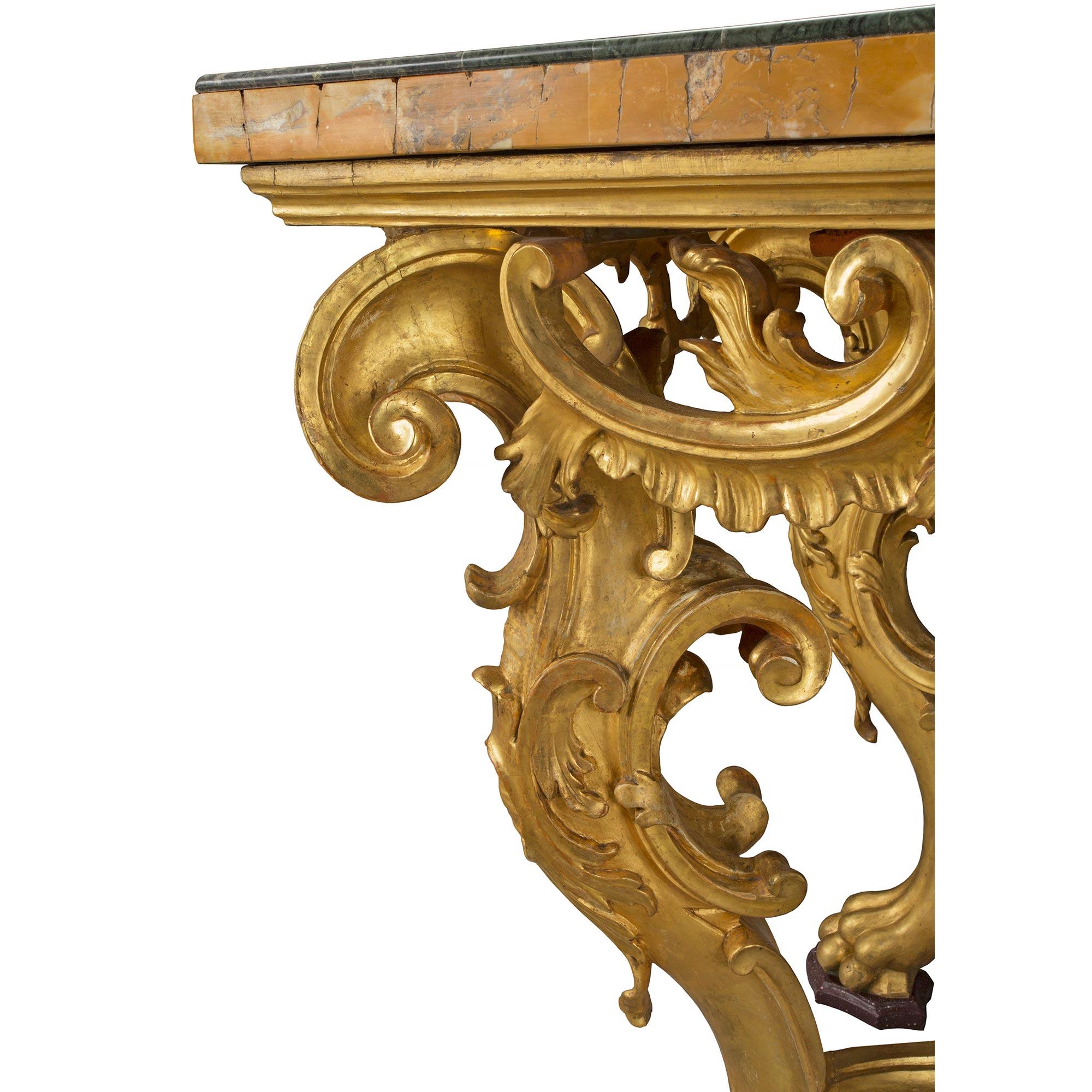 Siena Marble Italian 18th Century Finely Carved Giltwood and Marble Roman Console For Sale