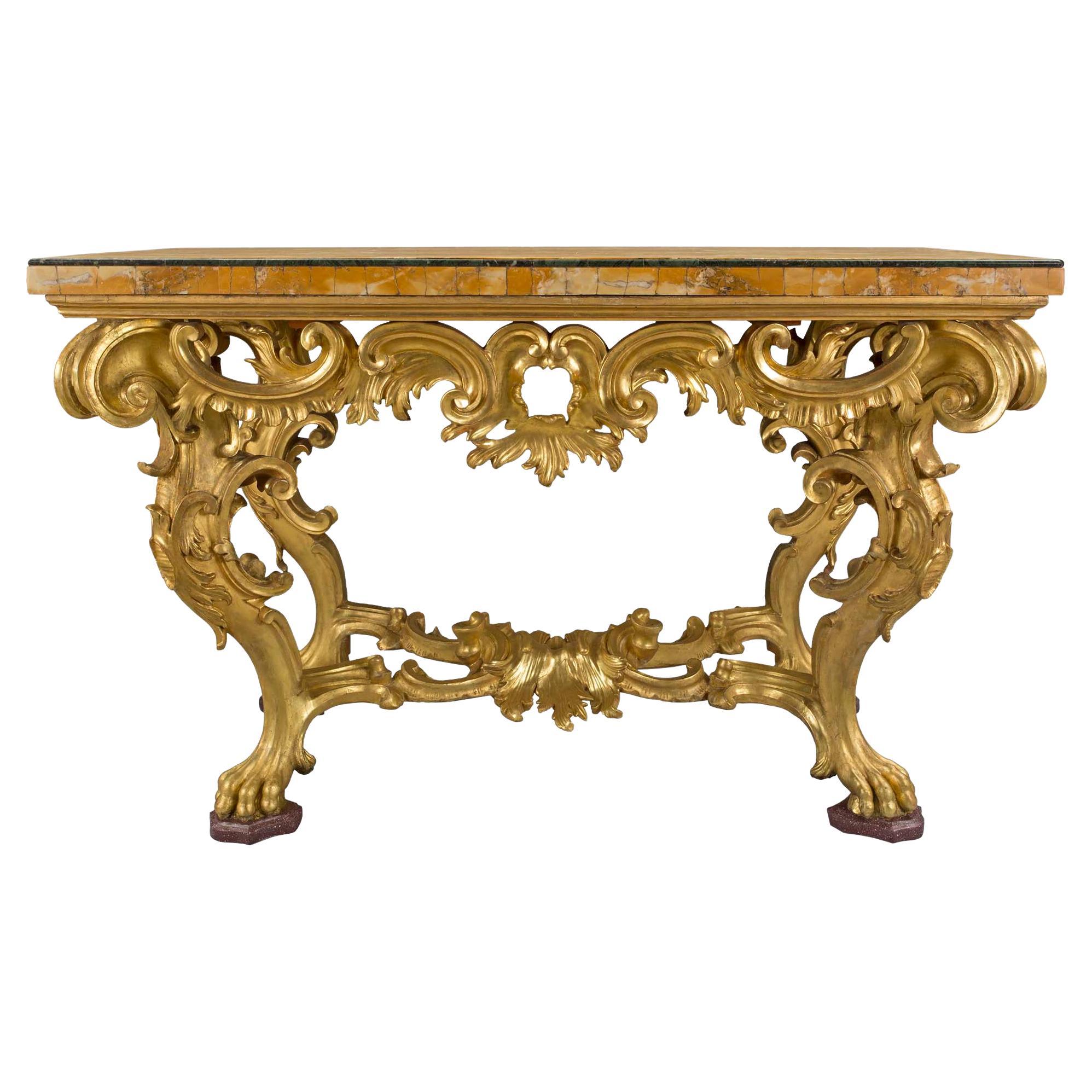 Italian 18th Century Finely Carved Giltwood and Marble Roman Console For Sale