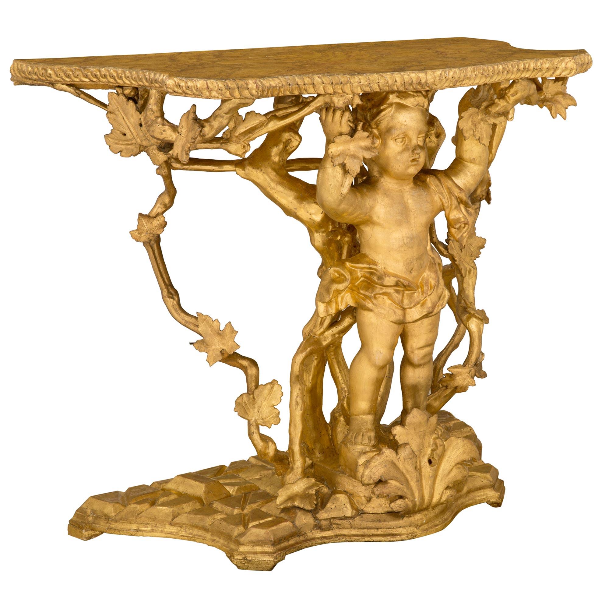 Italian 18th Century Giltwood and Faux Painted Marble Freestanding Console In Good Condition For Sale In West Palm Beach, FL