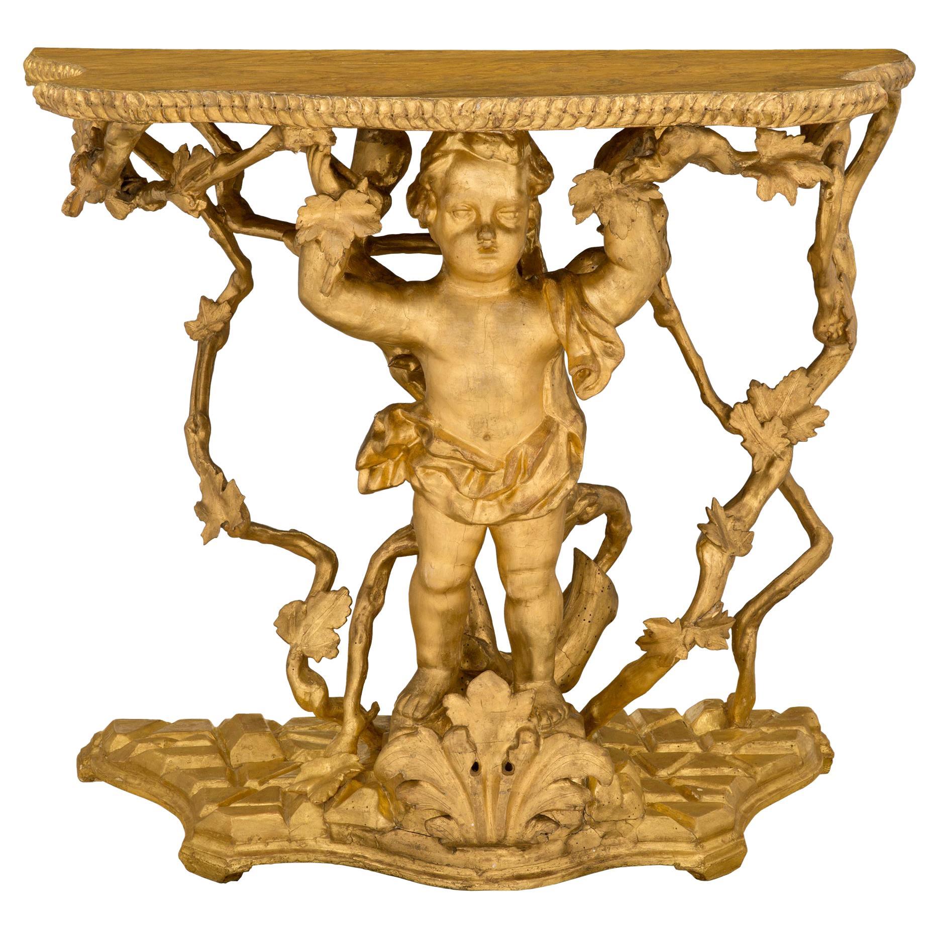 Italienische freistehende italienische Konsole aus vergoldetem Holz und lackiertem Marmor aus dem 18. Jahrhundert