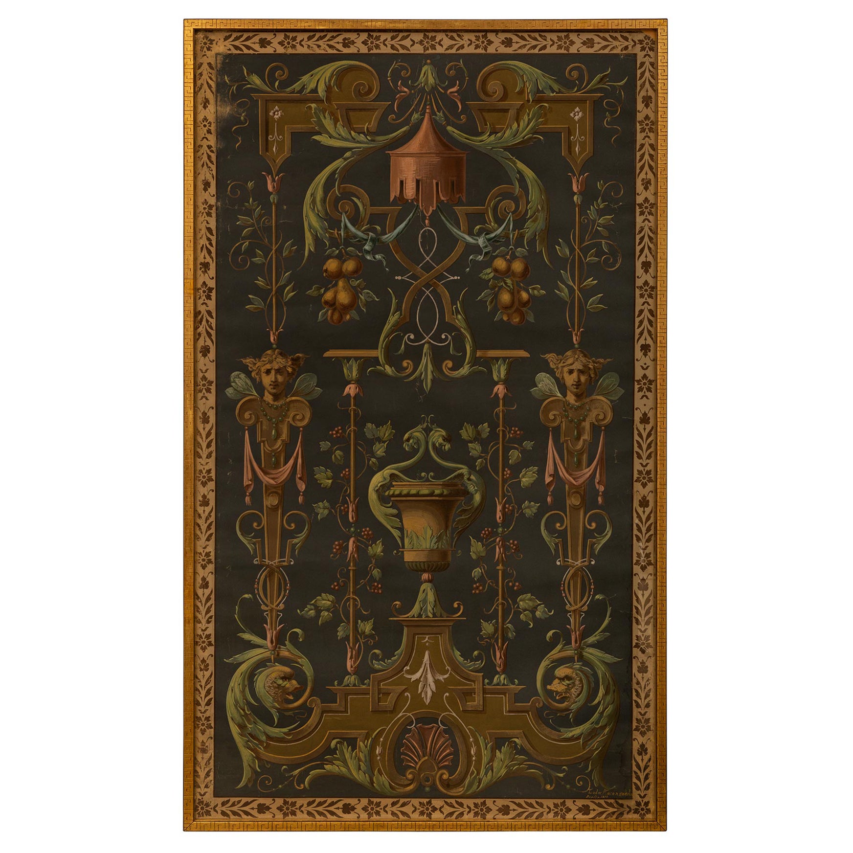 Décor mural italien du 18e siècle en bois doré et fresque/panneau